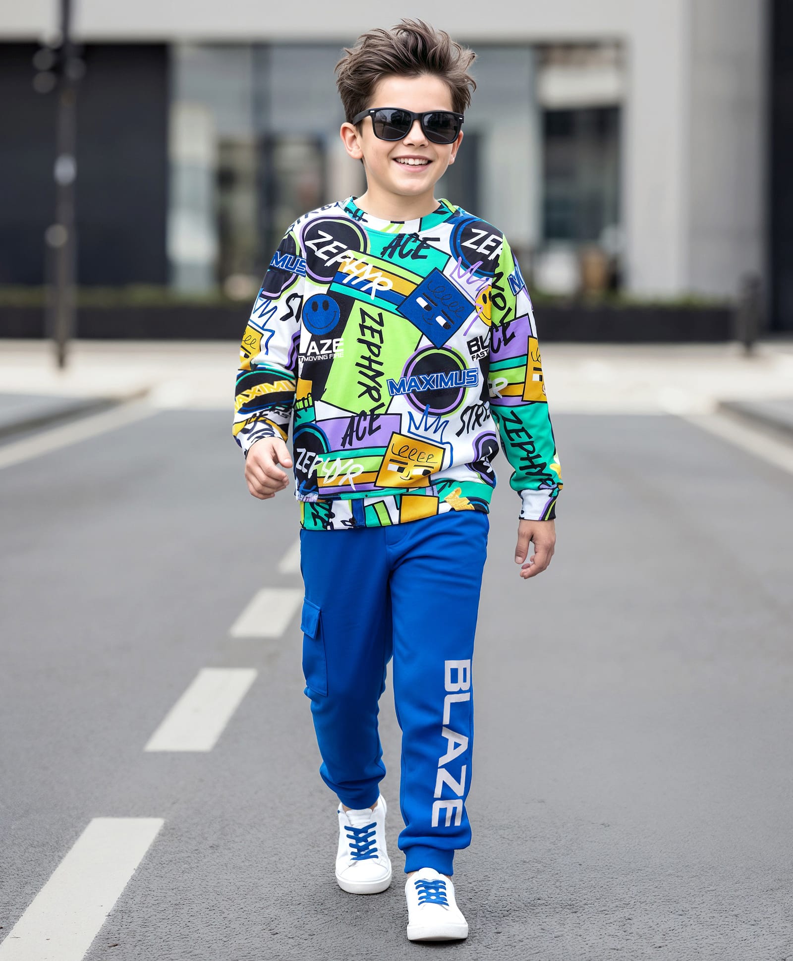 OLLINGTON ST. Cotton Full Sleeves Printed Sweatshirts & Joggers - Multicolor & Blue-image-2