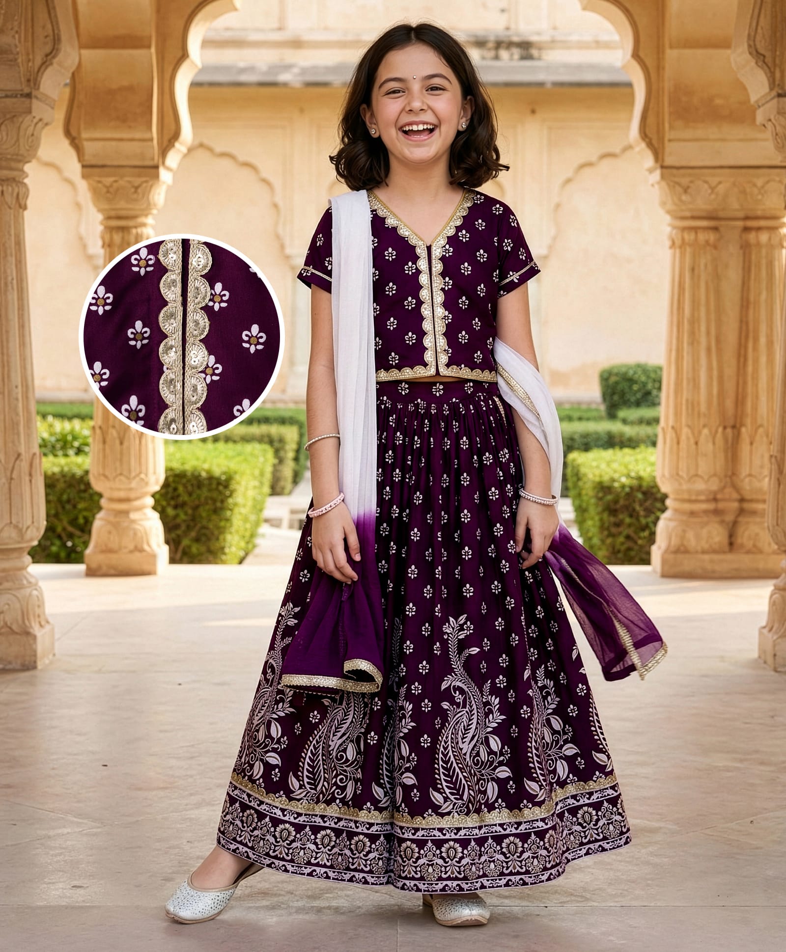 Pine Kids Viscose Woven Half Sleeves Choli Lehenga Set with Dupatta & Motif Glitter Print - Purple-image-49