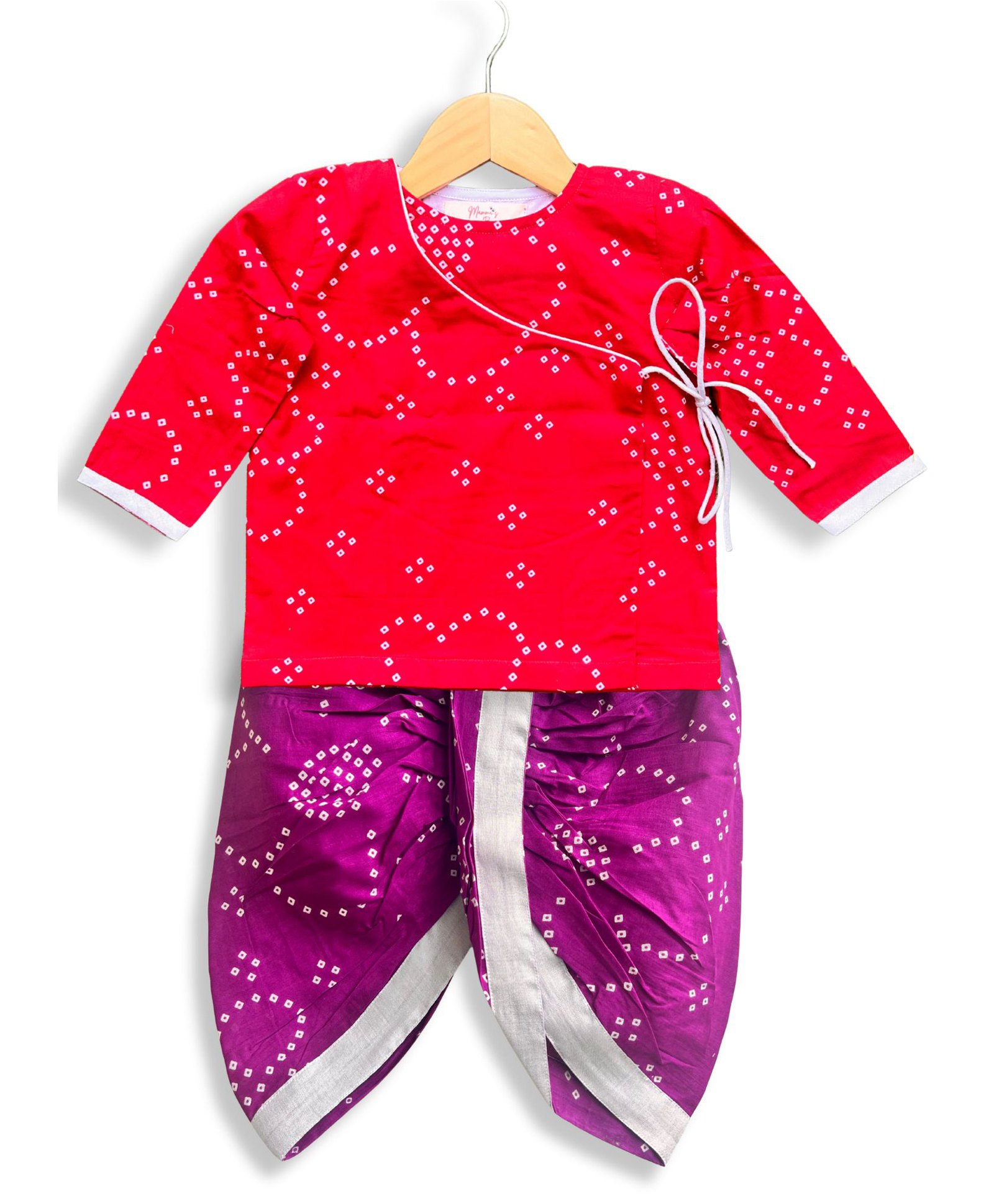 Mamma's Bear Pure Cotton Woven Full Sleeves Bandhani Designed Dhoti Kurta Set - Red-picture-18