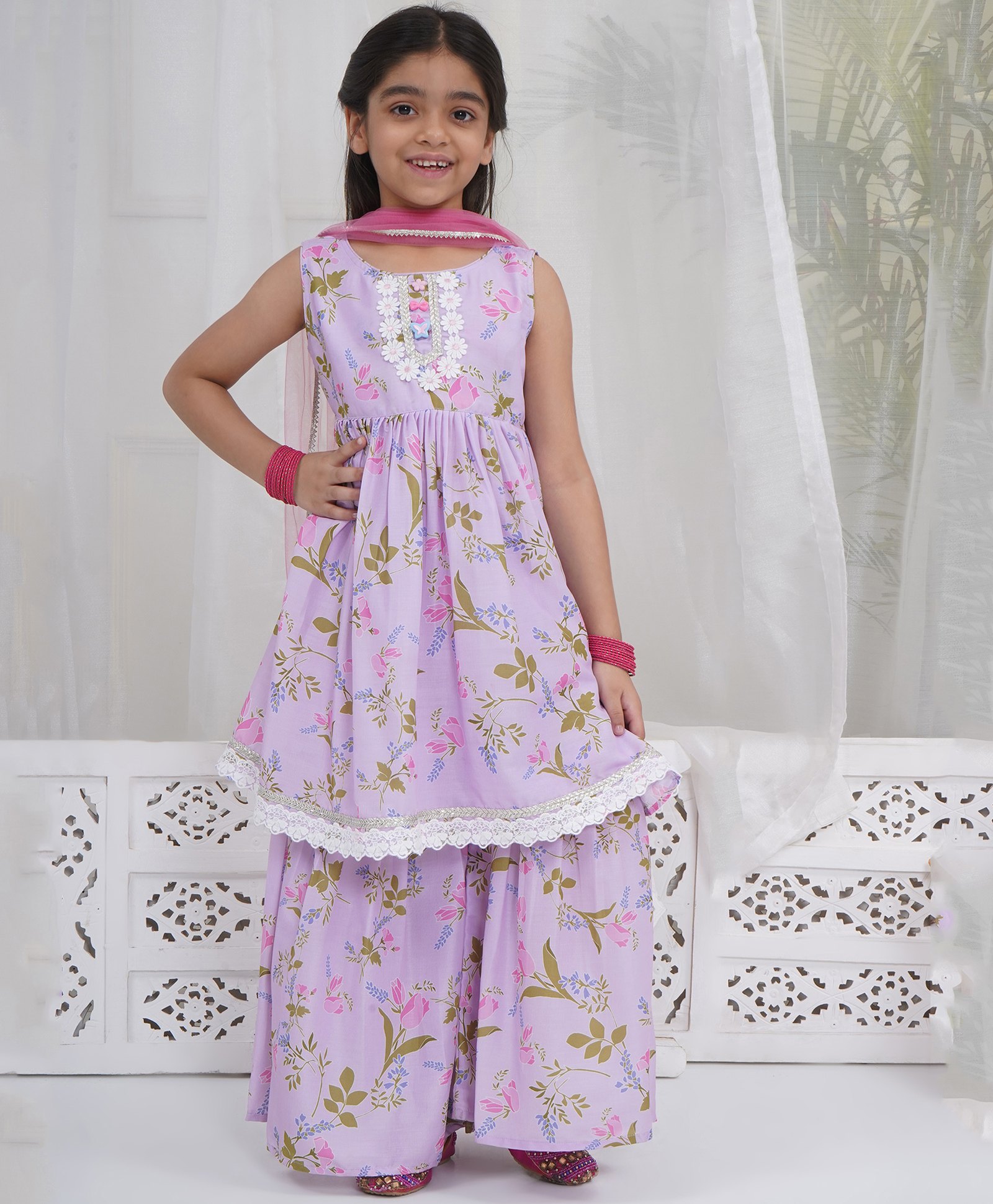 Little Bansi Muslin Woven Sleeveless Garden Tulip Printed With Lace Embellished Kurti Sharara & Dupatta - Lavender-picture-46