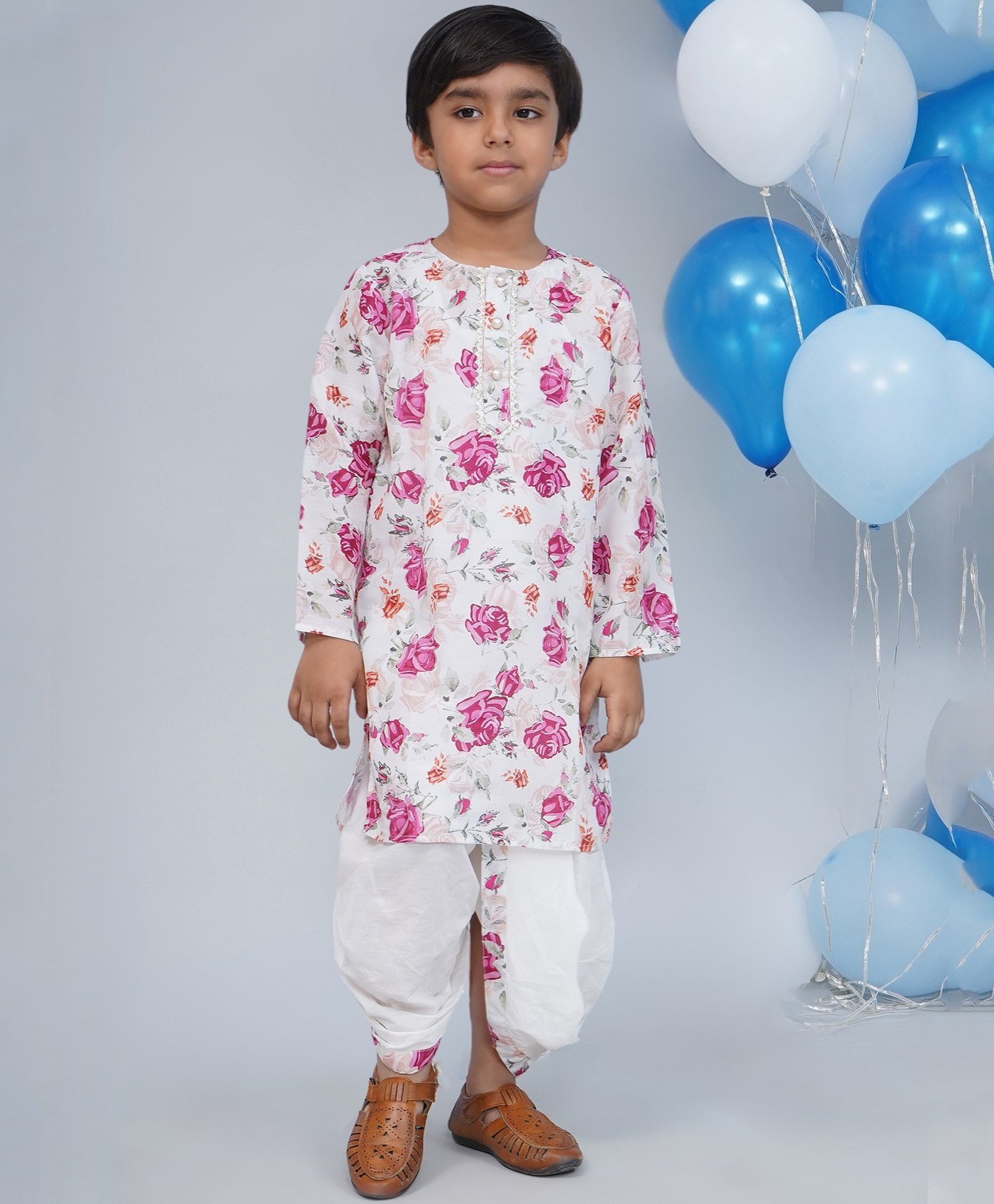Little Bansi 100% Cotton Muslin Woven Full Sleeves Garden Rose Printed Kurta With Coordinating Dhoti - Cream-picture-22