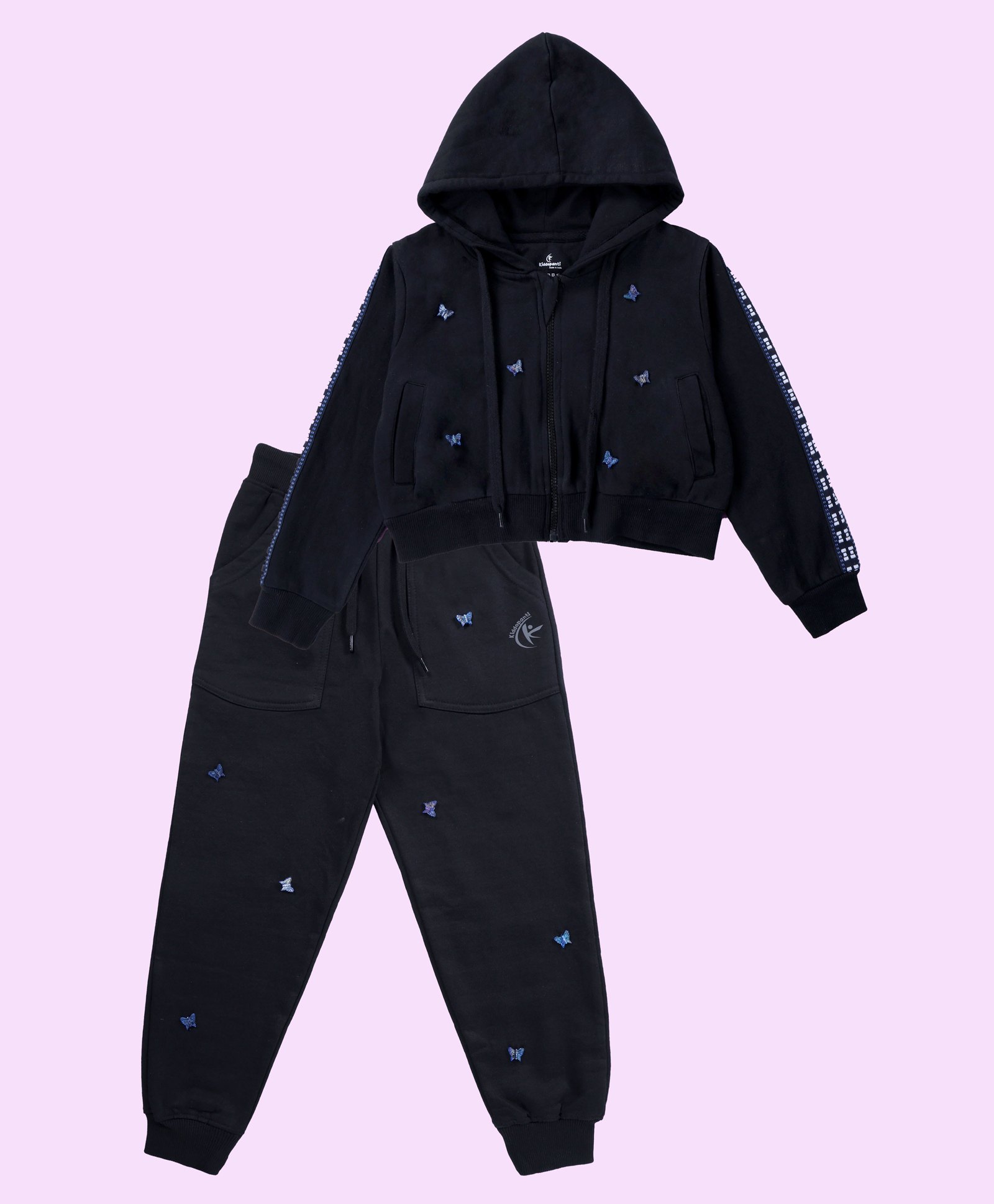 Kiddopanti Fleece Knit Full Sleeves Butterfly Applique Detailed Hooded Crop Sweatshirt With Joggers Set - Black-image-29