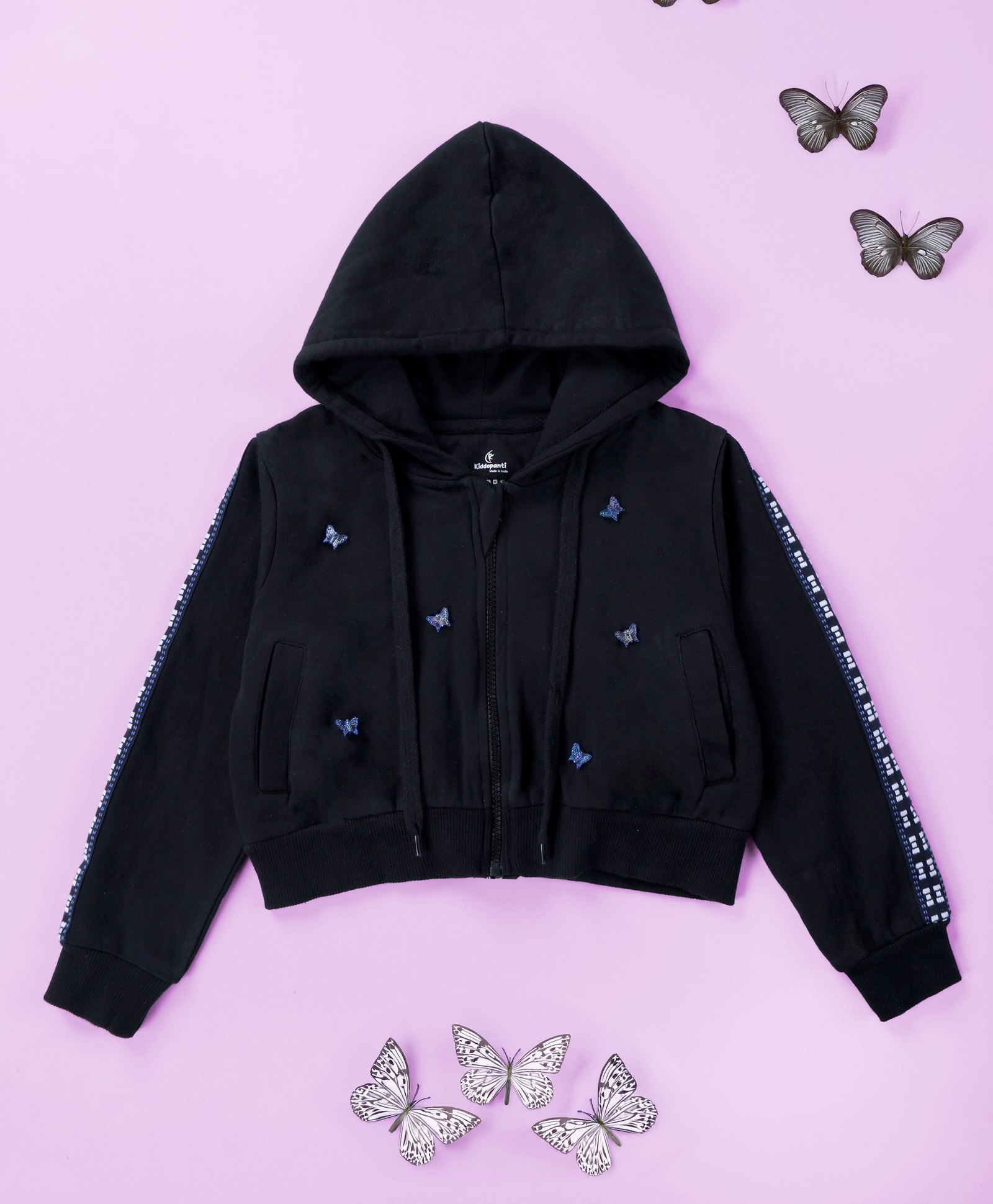 Kiddopanti Fleece Knit Full Sleeves Butterfly Applique With Contrast Tape Cropped Hooded Sweatshirt - Black-picture-34