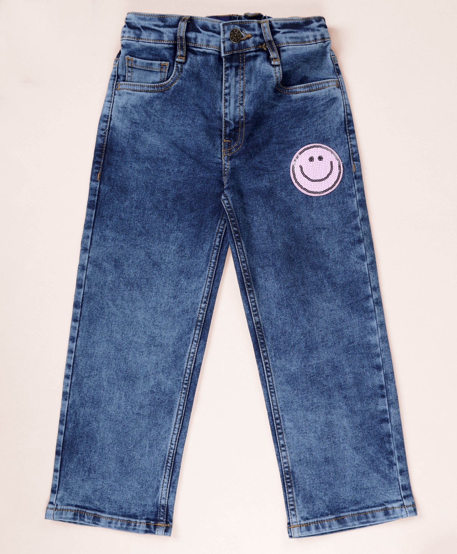 Kiddopanti Denim Woven Sequin Smiley Patch Detailed Straight Fit Jeans - Blue-picture-19