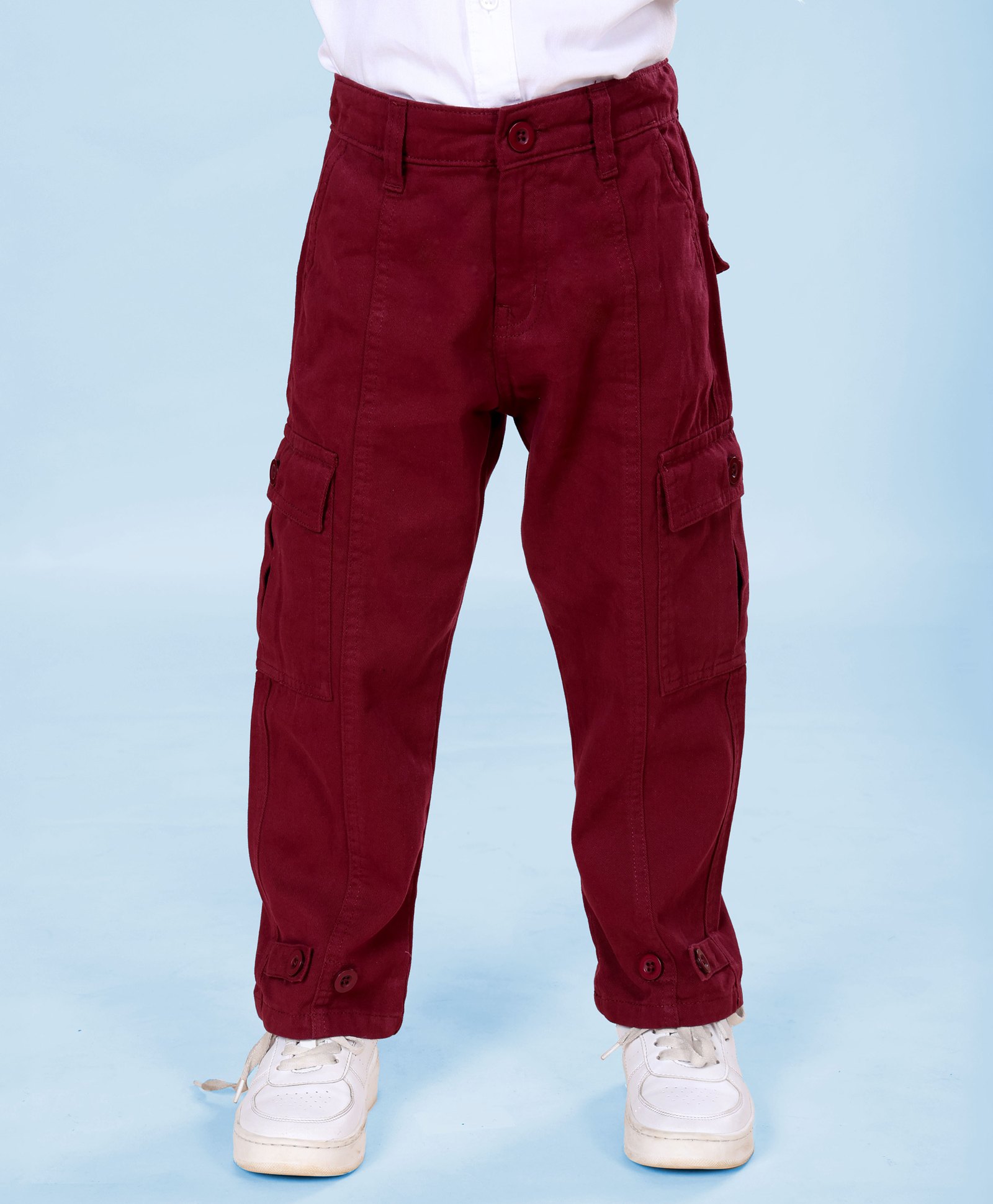 Kiddopanti Cotton Woven Front Cut & Sew Detailed Solid Cargo Pant With Bottom Tab - Maroon-picture-18