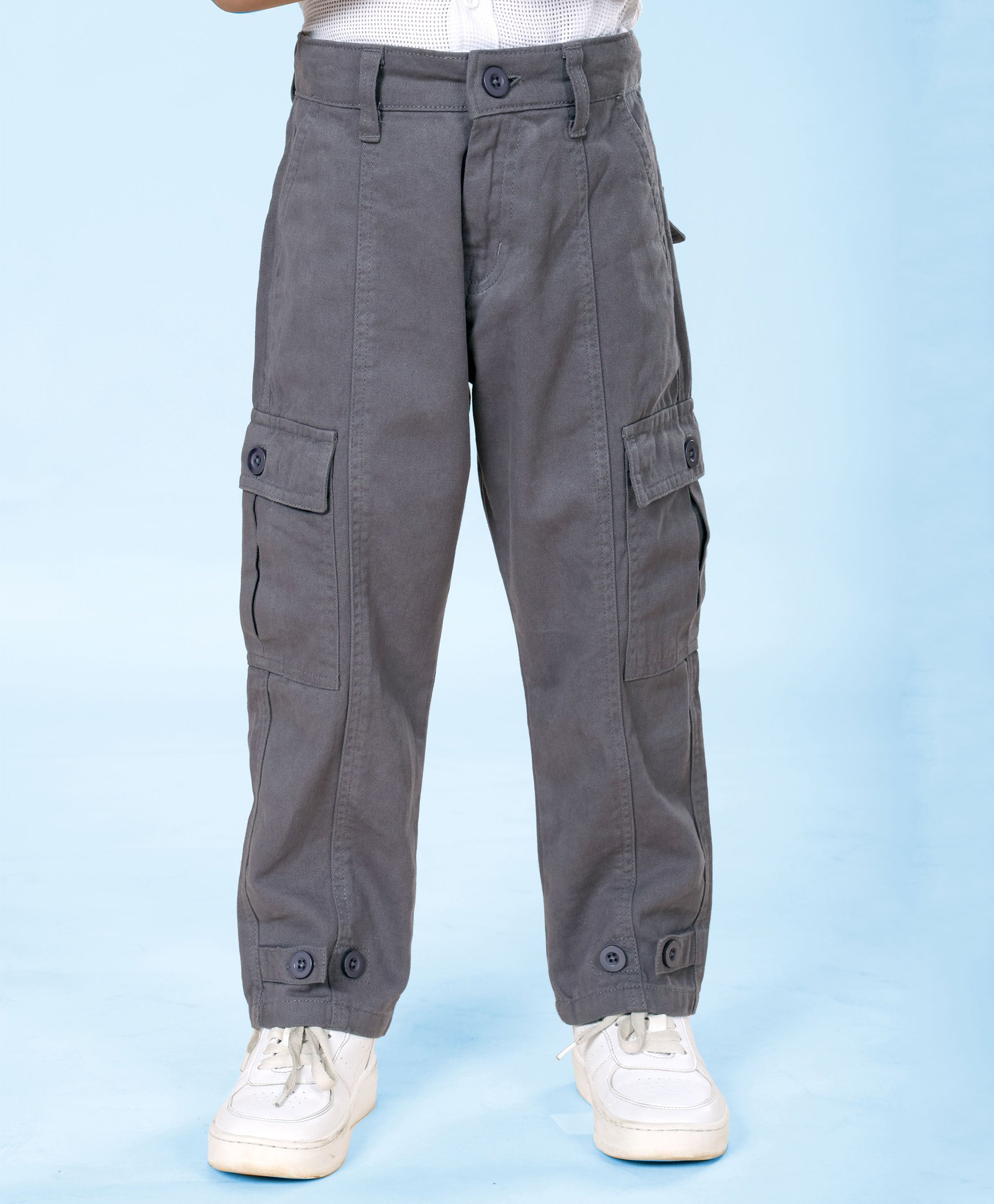 Kiddopanti Cotton Woven Front Cut & Sew Detailed Solid Cargo Pant With Bottom Tab - Grey-image-44