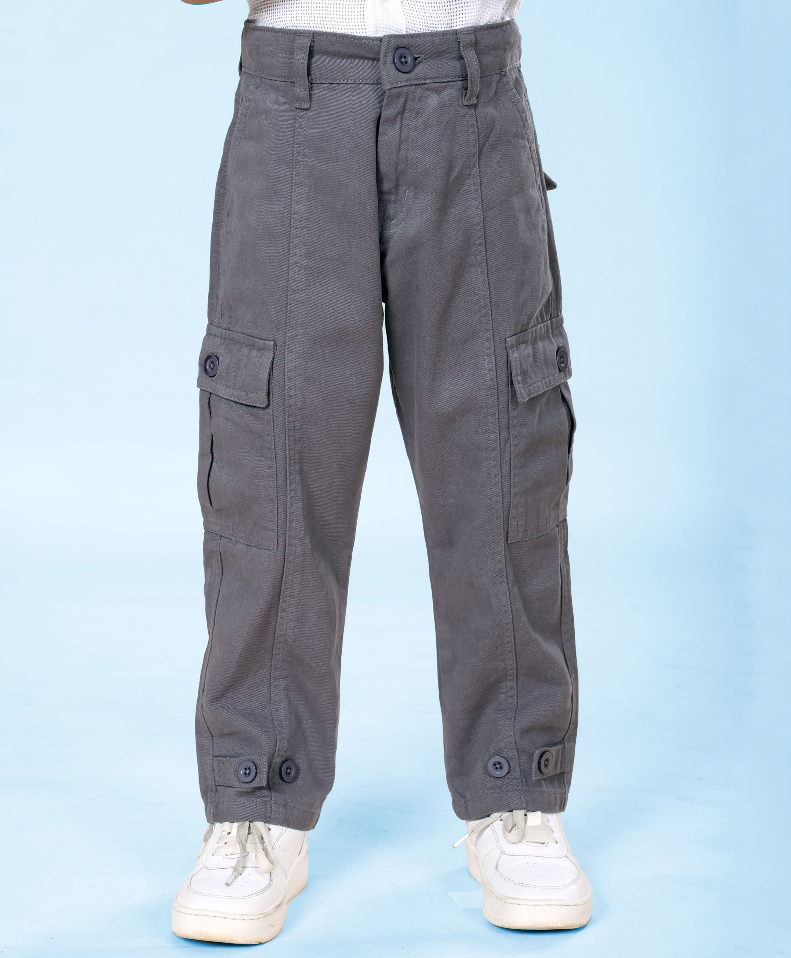 Kiddopanti Cotton Woven Front Cut & Sew Detailed Solid Cargo Pant With Bottom Tab - Grey-image-27