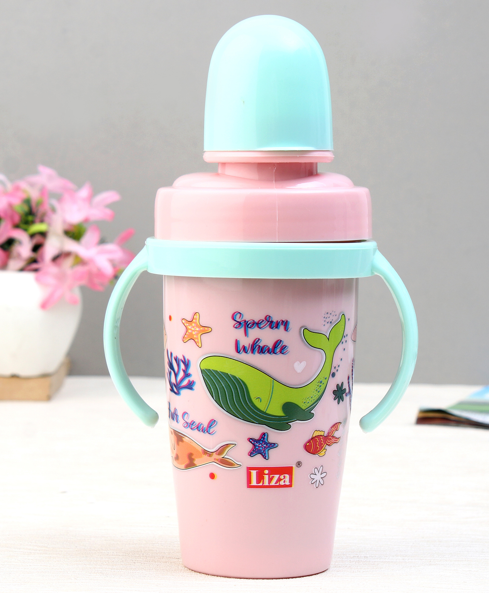 Stainless Steel Twin Handle Straw Sipper 360ml - Pink| Leak Resistant| BPA Free| Hygiene Cap| Soft Silicone Straw| for Travel & School| Ideal Boy & Girls-image-2