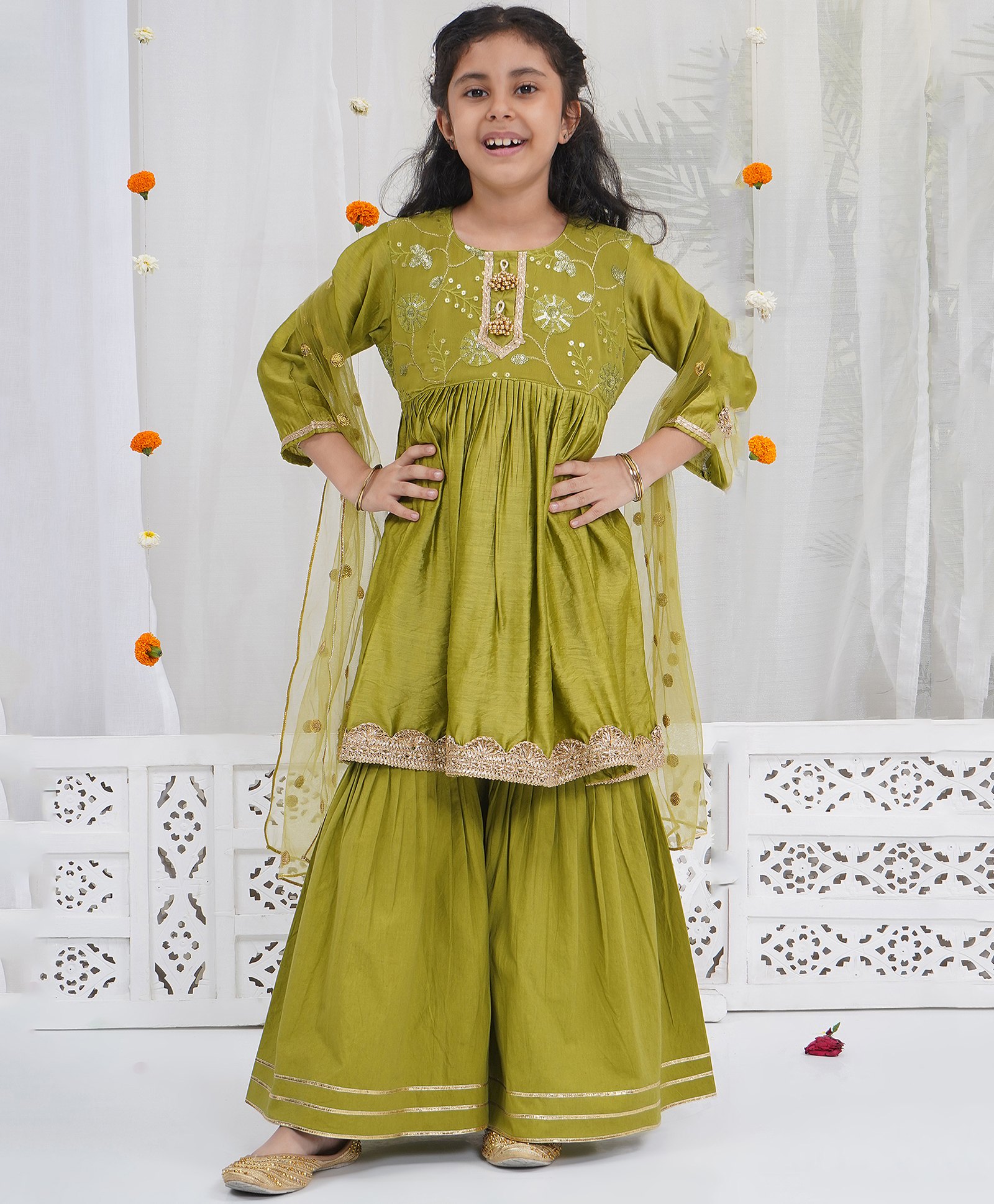 Little Bansi 100% Cotton With Chanderi Silk Woven Three Fourth Sleeves Floral Embroidered Sequin Embellished Kurti Sharara With Dupatta - Mehendi Green-picture-47