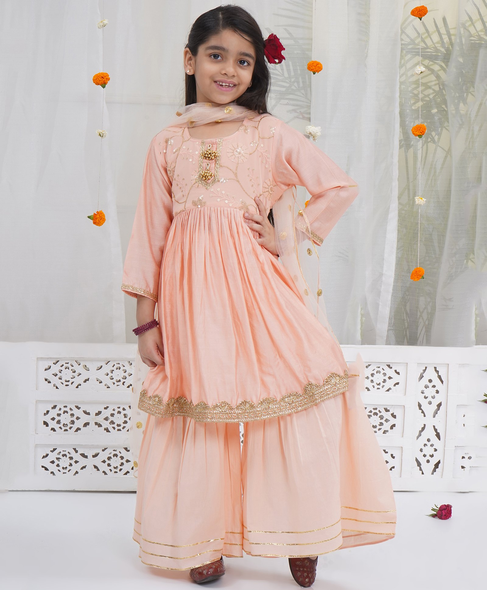Little Bansi 100% Cotton With Chanderi Silk Woven Three Fourth Sleeves Floral Embroidered Kurti Sharara With Dupatta - Peach-picture-25