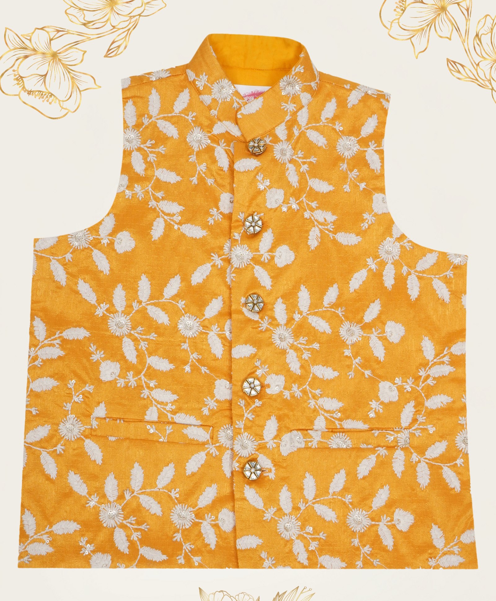 Little Bansi Mulberry Silk Woven Sleeveless Floral Thread Work Detailed Nehru Jacket- Haldi Yellow-image-41
