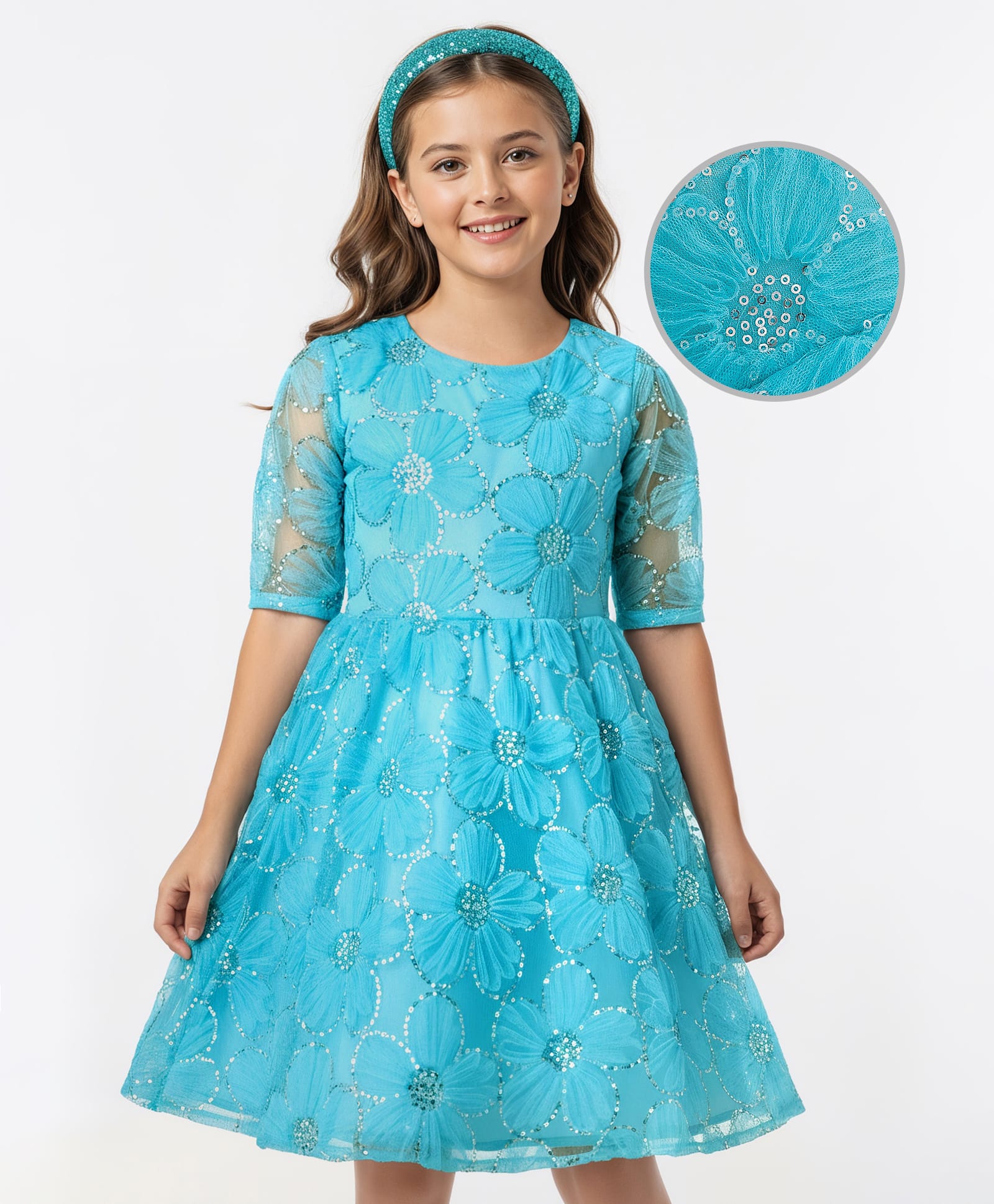 Pine Kids Woven Half Sleeves Party Dress With Floral Embroidery & Sequin Detailing - Light Blue-image-29