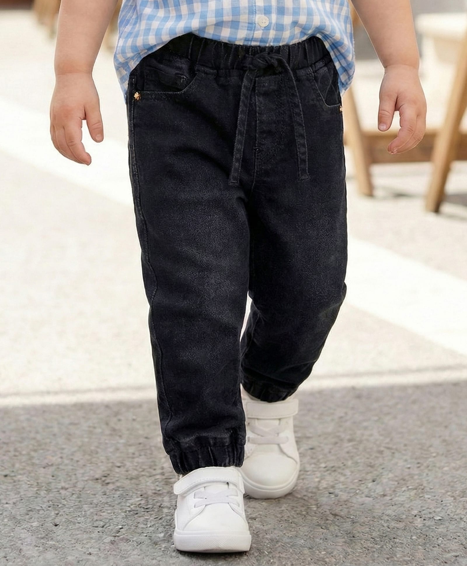 Babyhug Denim Full Length Washed Jogger With Stretch - Black