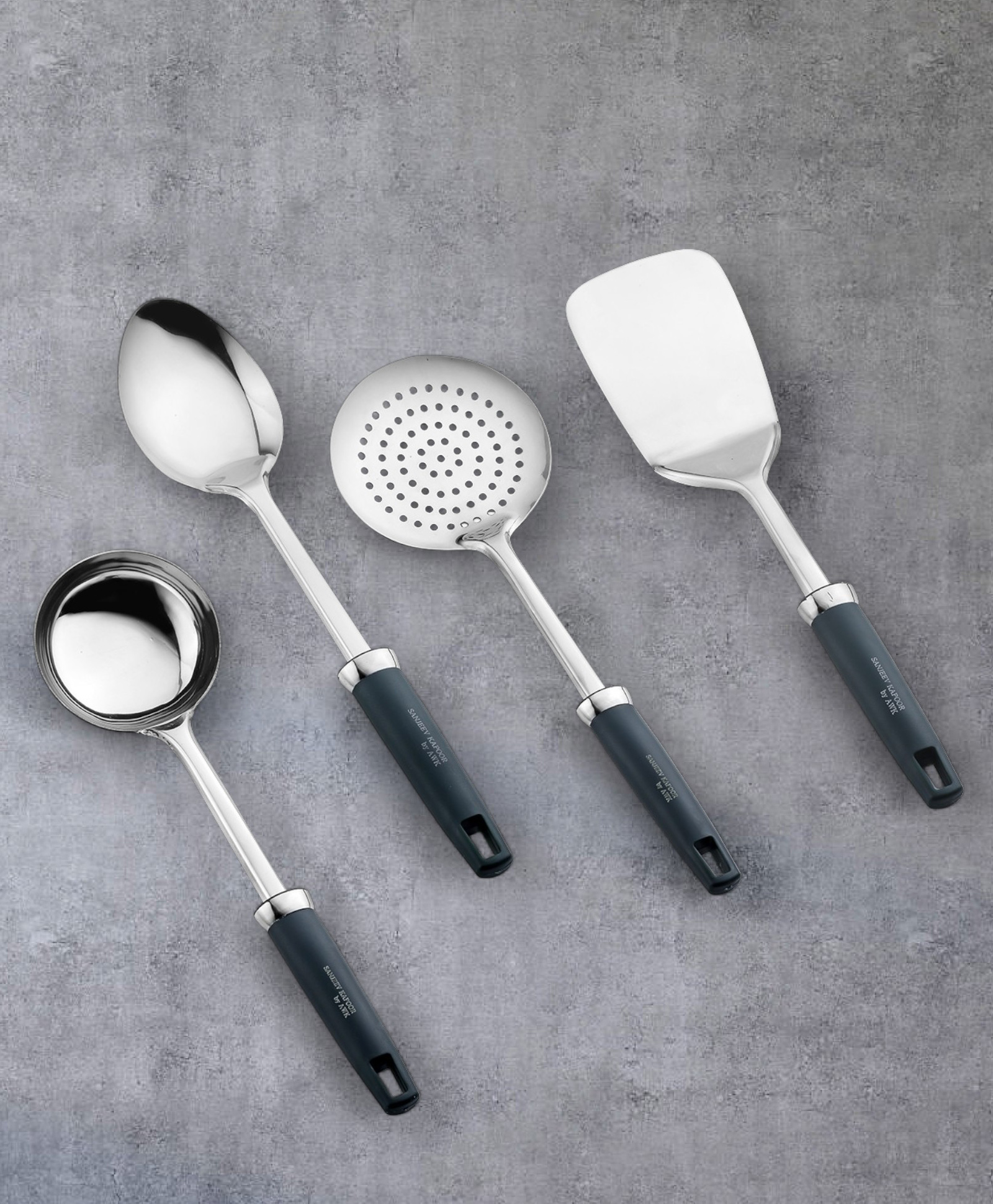 SANJEEV KAPOOR Stainless Steel Plastic Handle Green Serving Tool Set 4 PCS | Includes Ladle, Pan Plain, Cake Server & Rice Server | Stylish & Durable Kitchen Utensils for Daily Use & Serving-image-1
