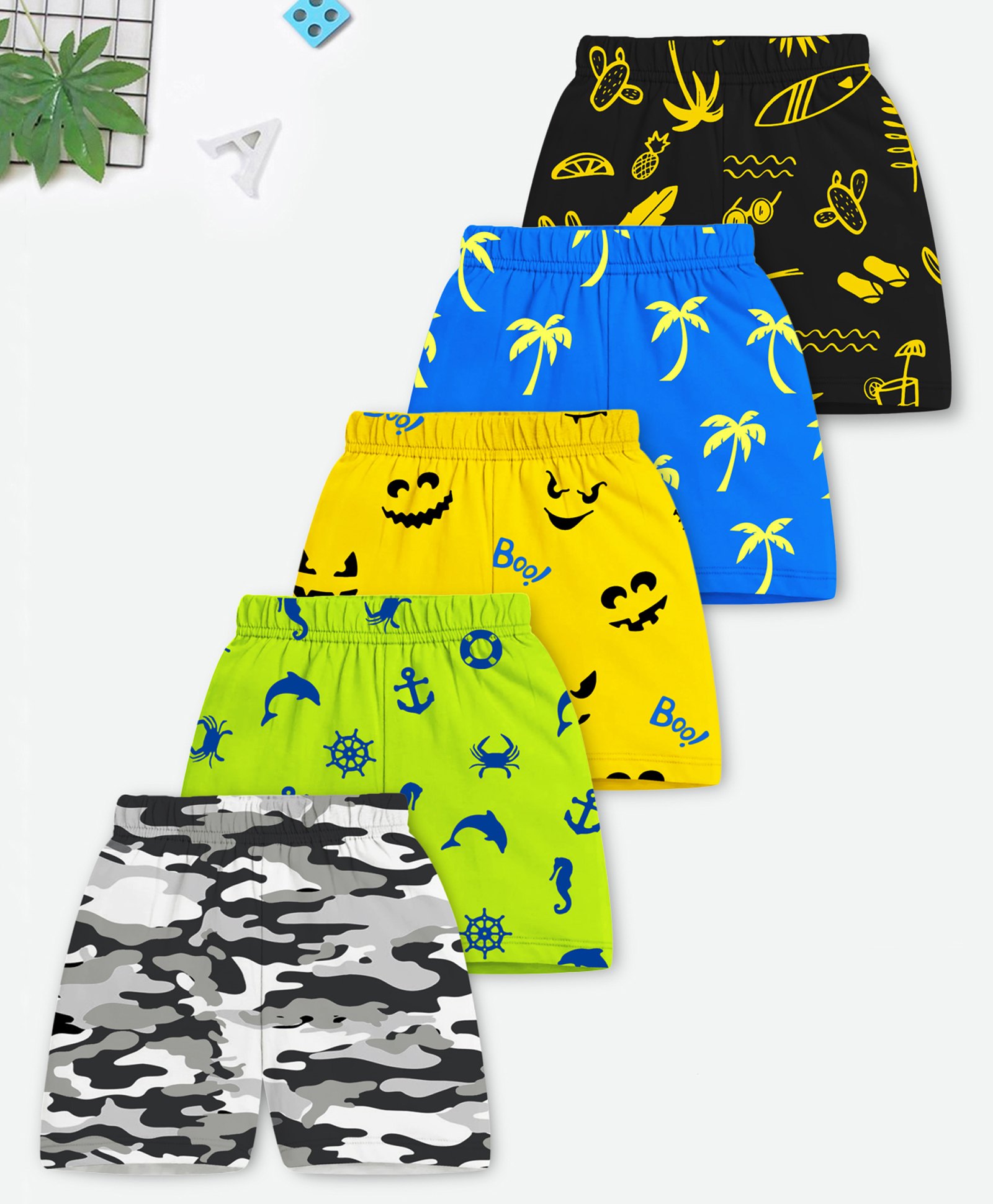Trampoline Cotton Blend Knit Pack Of 5 Camouflage & Graphic Printed Shorts - Multi Color-picture-19