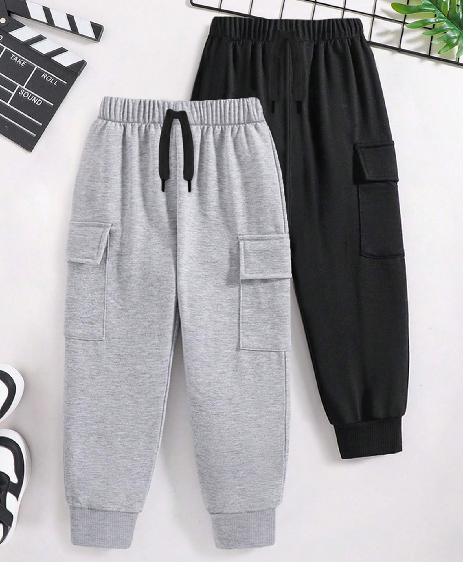 Trampoline Cotton Blend Knit Pack Of 2 Solid Cargo Joggers - Black & Grey-image-31