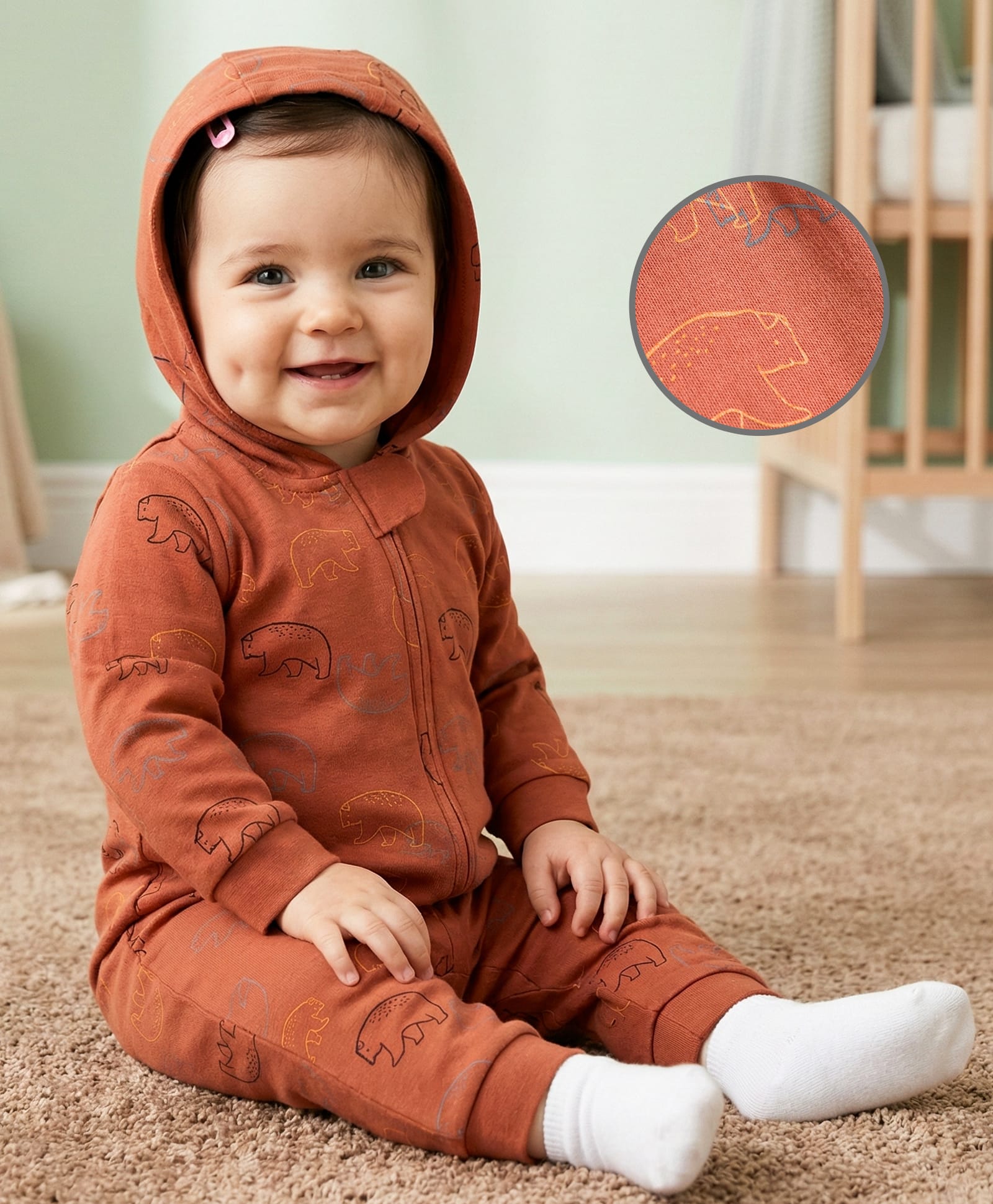 Babyoye 100% Cotton Knit Full Sleeves Hooded Romper With Bear Print - Brown-image-20