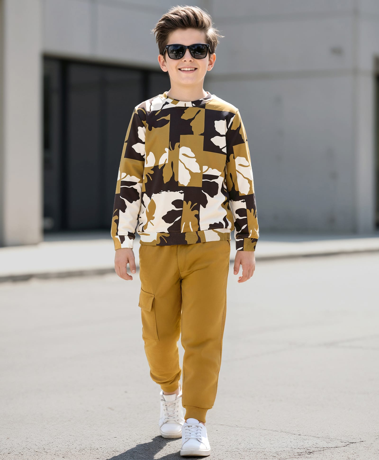OLLINGTON ST. Cotton Full Sleeves Printed Sweatshirts & Joggers Set - Multicolor & Khaki-picture-38