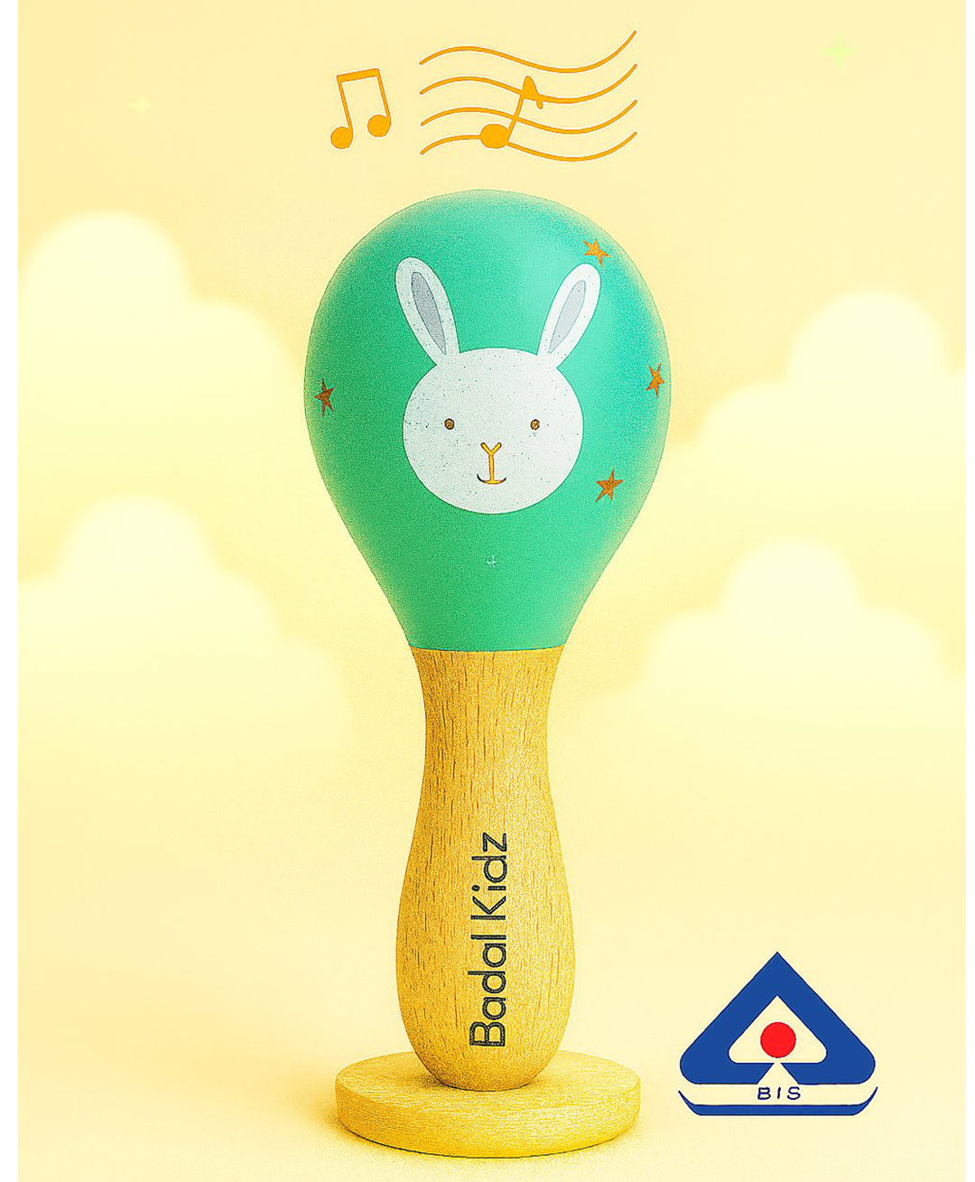 Badal Kidz Wooden Hand Rattle Toy for Babies - Bunny Print | Natural & Safe Musical Toy (0M+) - Green-image-1