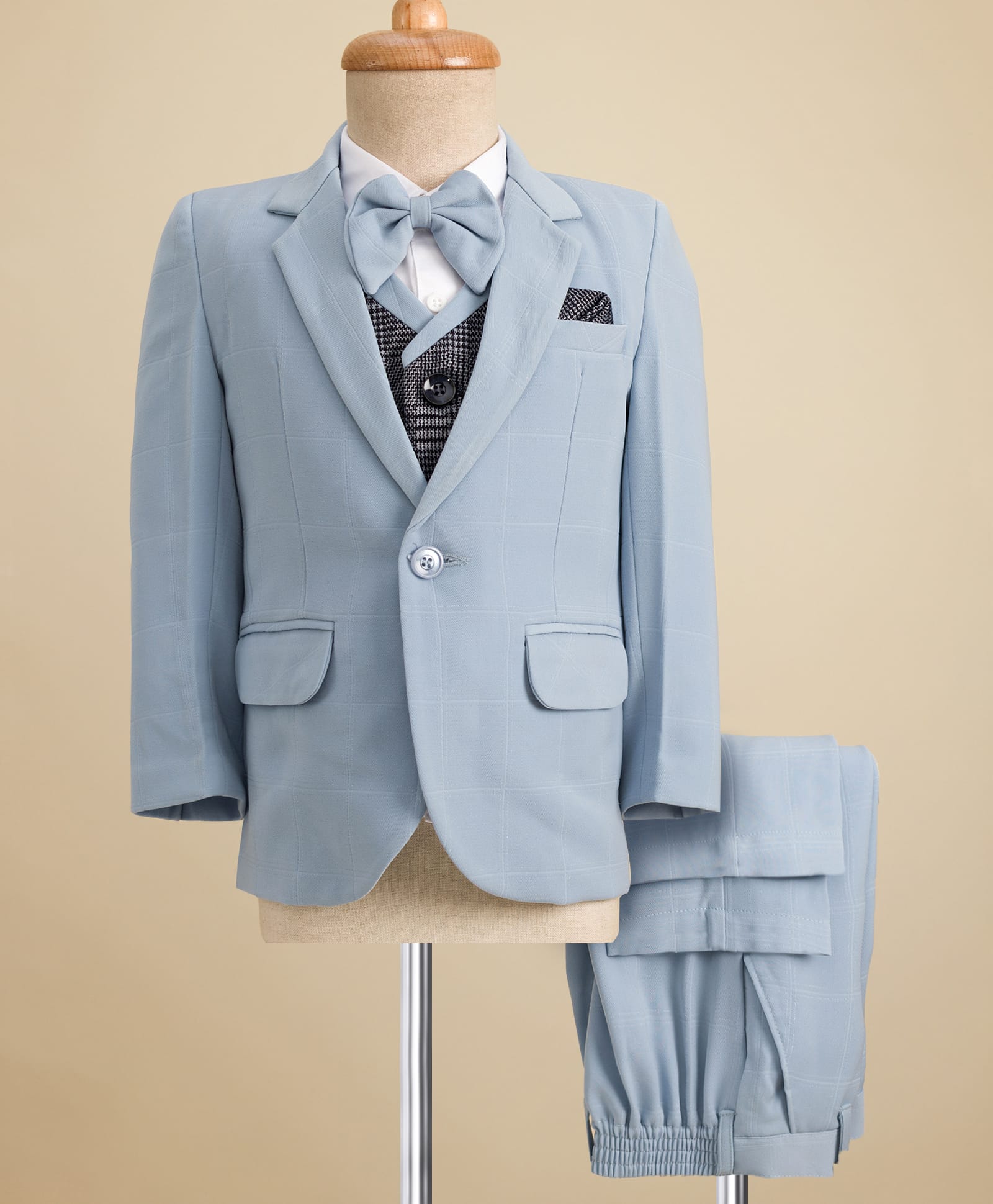 Robo Fry Cotton Woven Full Sleeves Four Piece Solid Party Suit Set with Bow - Light Blue-image-15