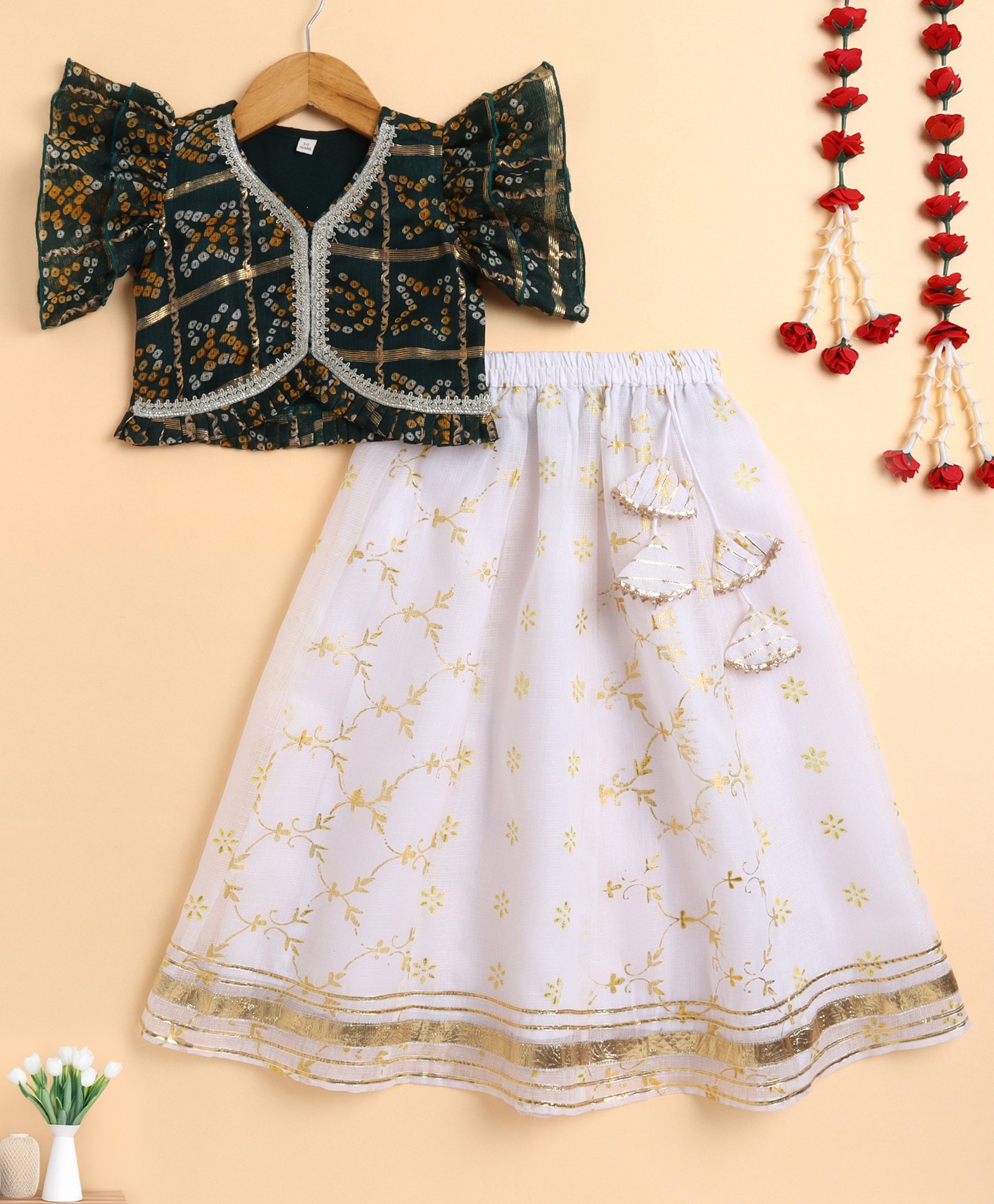 The Magic Wand Woven Flutter Sleeves Bandhani Printed Gota Lace Embellished Lehenga Choli Set - Green-image-29