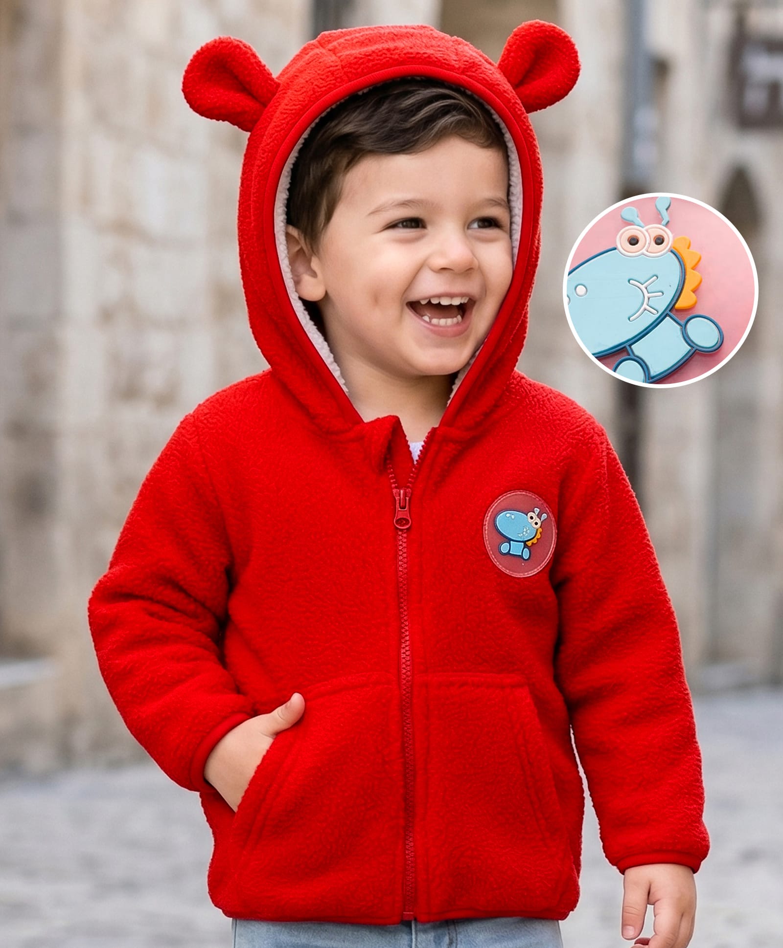 Mark & Mia Knit Full Sleeves Polar Fleece Hooded Sweatjacket With Kangaroo Pockets & Badge Detailing - Red-image-37