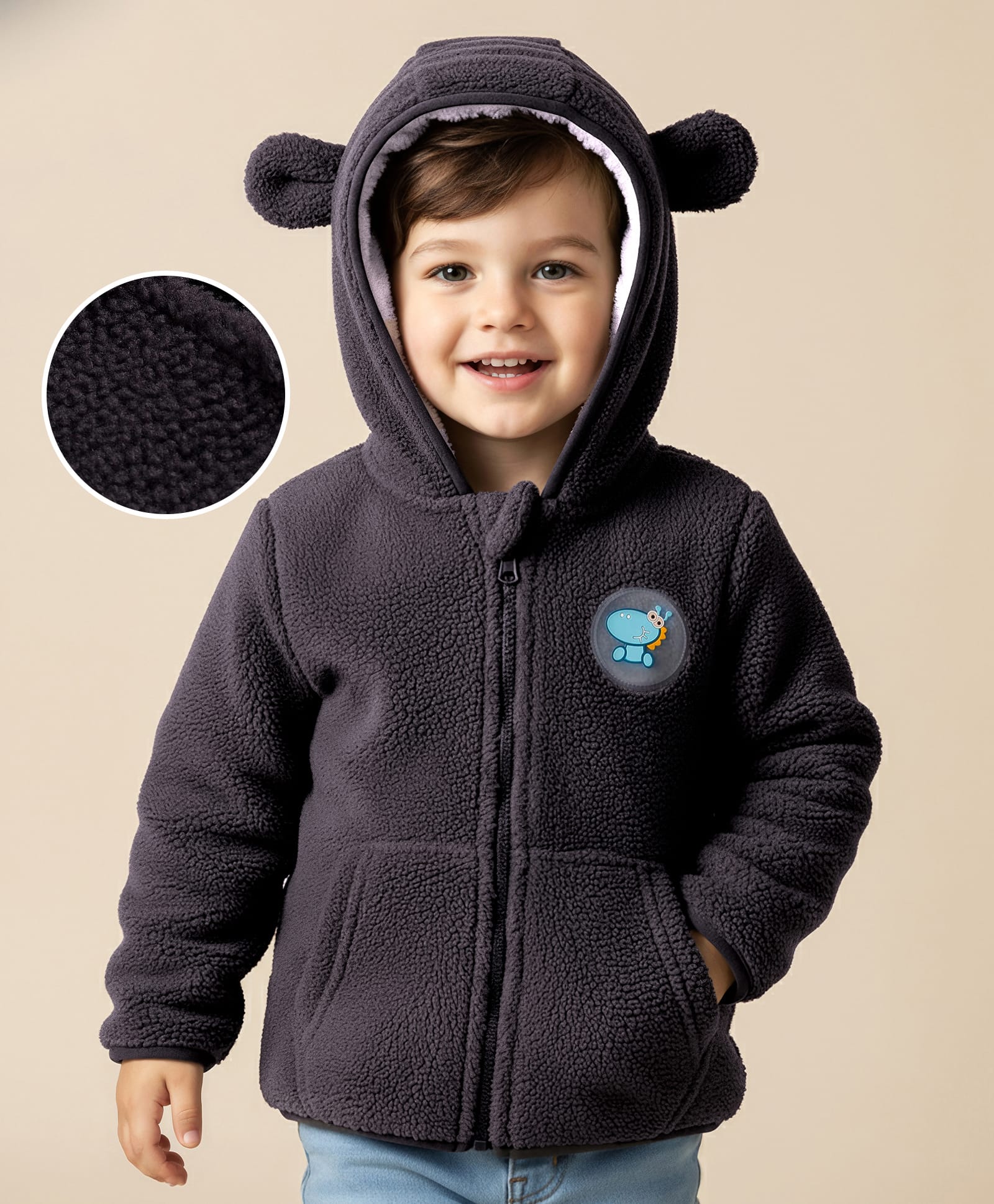 Mark & Mia Knit Full Sleeves Polar Fleece Hooded Sweatjacket With Kangaroo Pockets & Badge Detailing - Grey-image-10