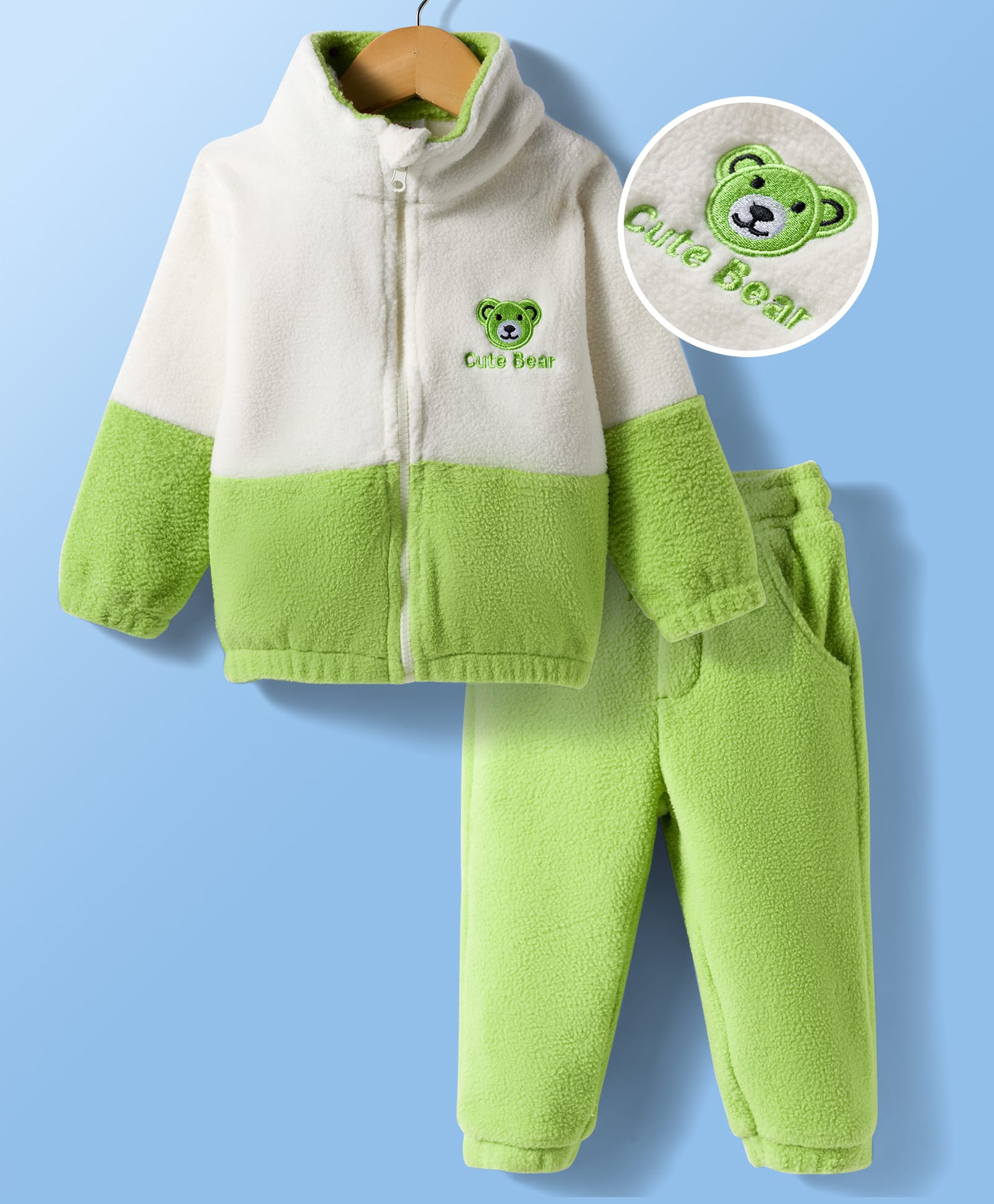 Mark & Mia Knit Full Sleeves Polar Fleece Winter Wear Oversized Cut & Sew Sweatshirt & Lounge Pant Set With Teddy Bear Embroidery - Green & White-picture-20
