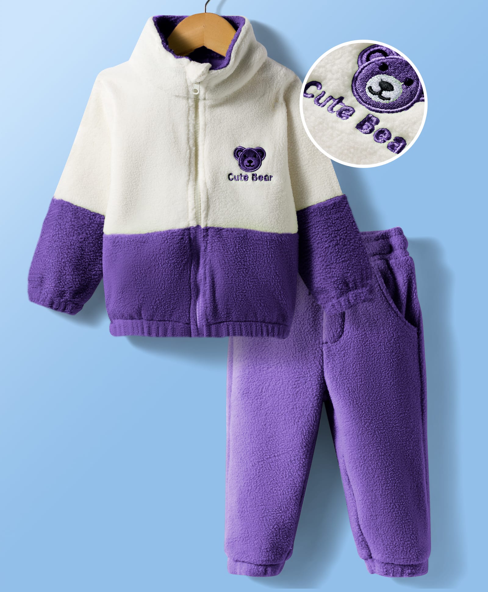 Mark & Mia Knit Full Sleeves Polar Fleece Winter Wear Oversized Cut & Sew Sweatshirt & Lounge Pant Set With Teddy Bear Embroidery - Purple & White-picture-21