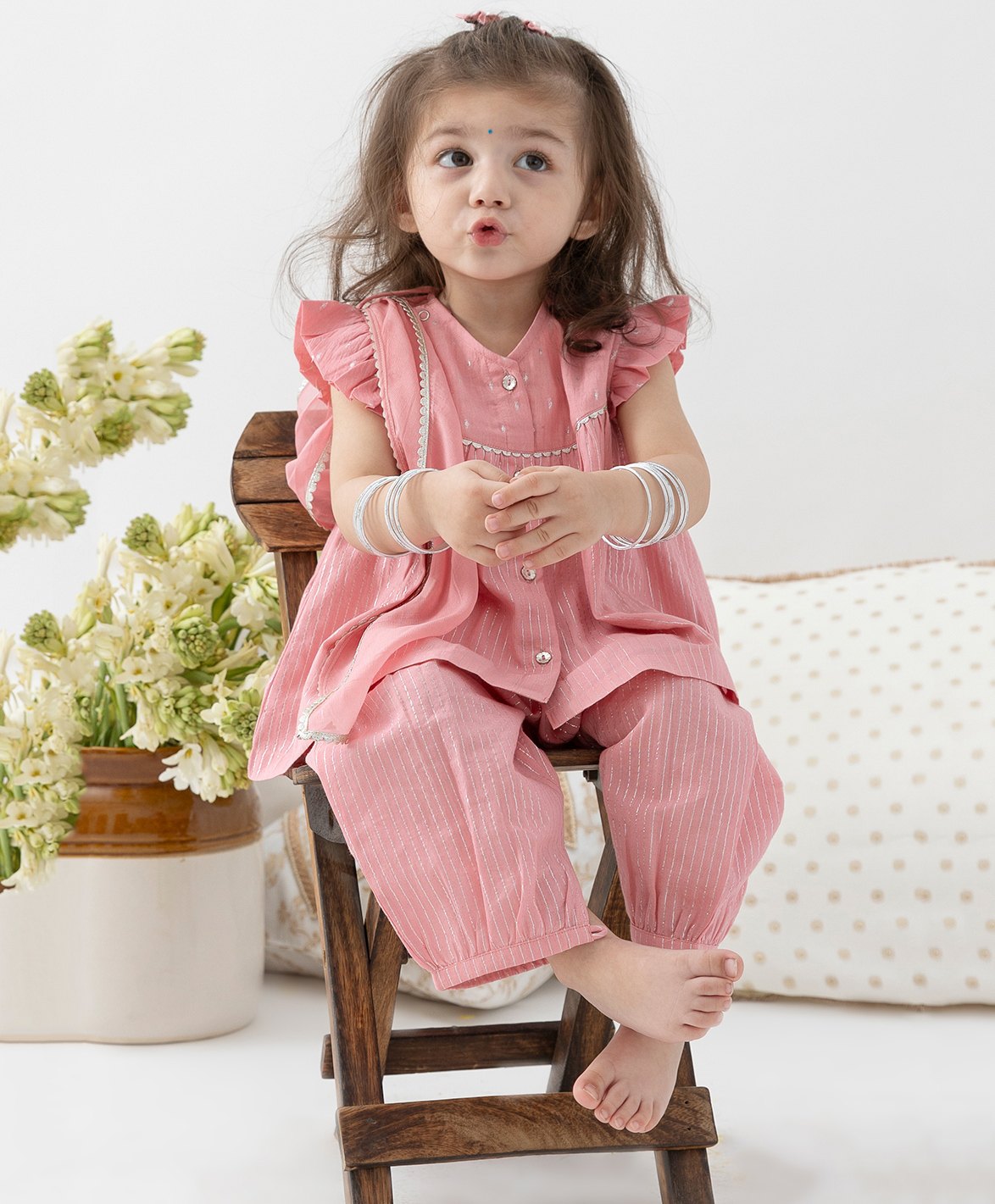 Tiber Taber Cotton Lurex Woven Frill Sleeves Foil Striped & Gota Lace Embellished Kurti Salwar With Dupatta Set - Pink-image-17