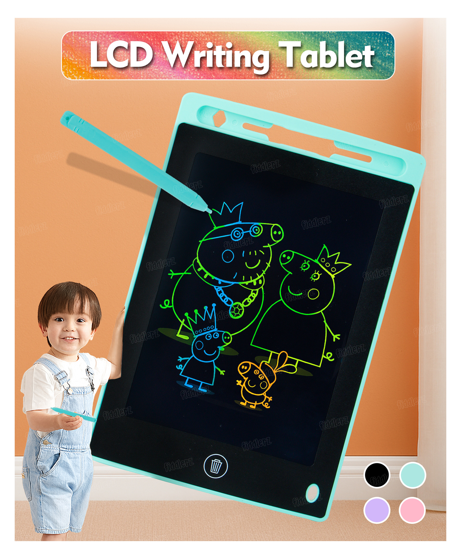 Fiddlerz LCD Writing Tablet for Kids 8.5 Inch Screen Colorful Drawing Pad with Lock Button Erase Function and Stylus Pen Learning Writing Board (Black)-image-2