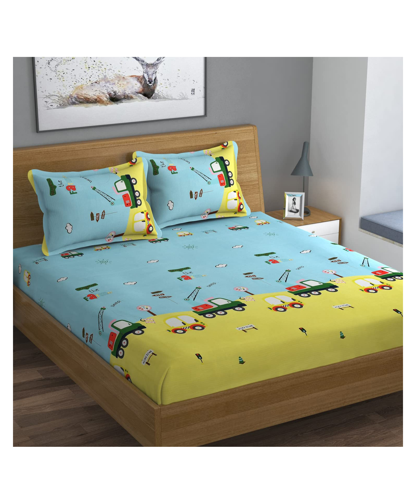 BHAIJI BEDSHEETS Glace Cotton Bed Sheet Double Bed With 2 Pillow Covers Kids Cartoon Prints - Crane Car Toy Print-image-44
