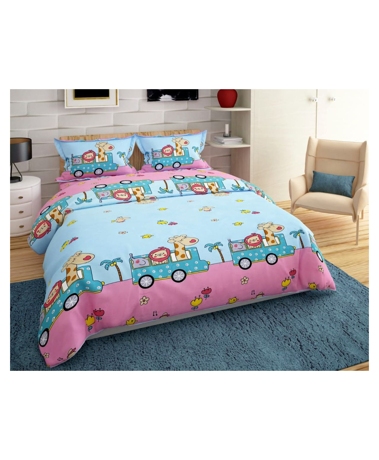 BHAIJI BEDSHEETS Glace Cotton Bed Sheet Double Bed With 2 Pillow Covers Kids Cartoon Prints - Giraffe Lion elephant Animal Trains-image-48