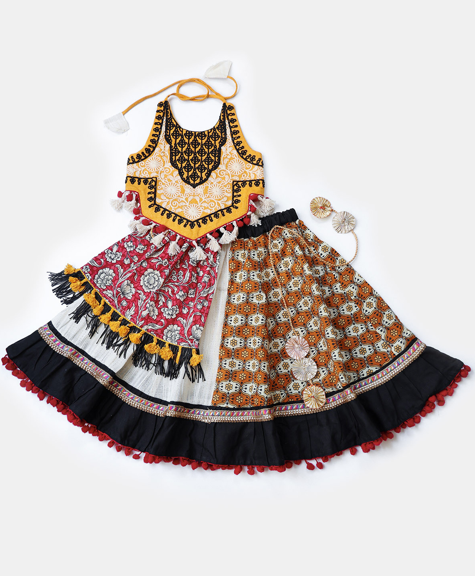 Halemons Pure Cotton Woven Navratri Theme Sleeveless Floral Embroidered & Printed Lehenga Choli Set - Black-picture-15