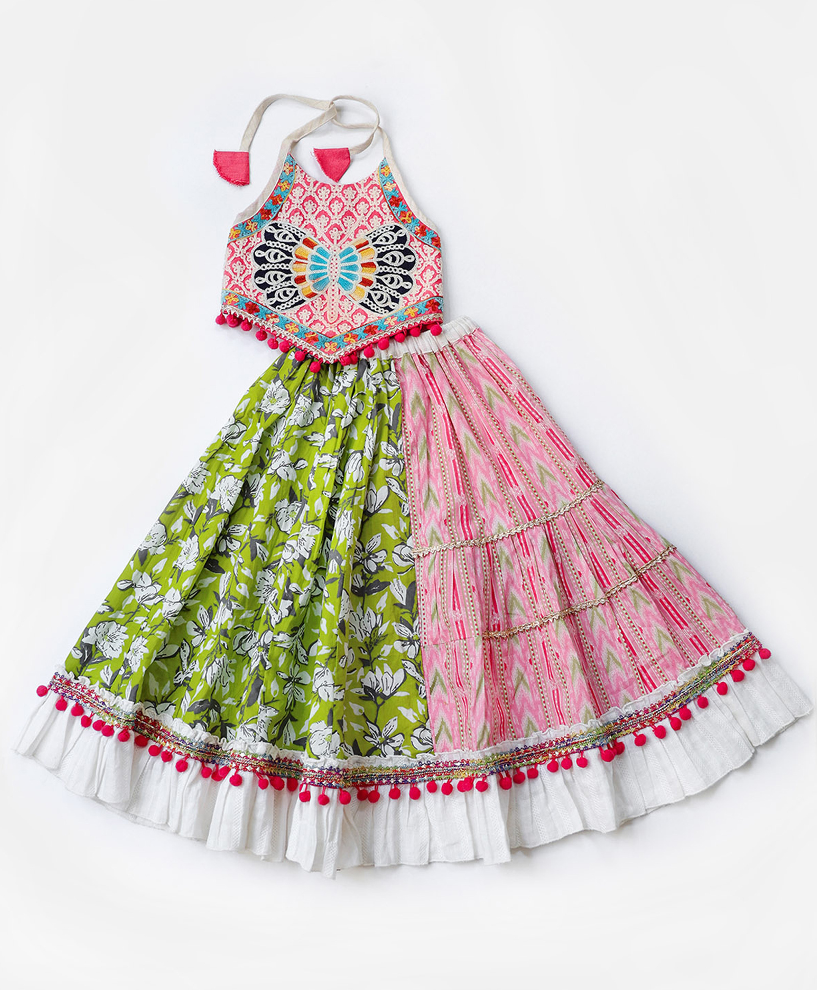 Halemons Pure Cotton Woven Navratri Theme Sleeveless Butterfly Embroidered & Floral Printed Lehenga Choli Set - Pink-picture-13