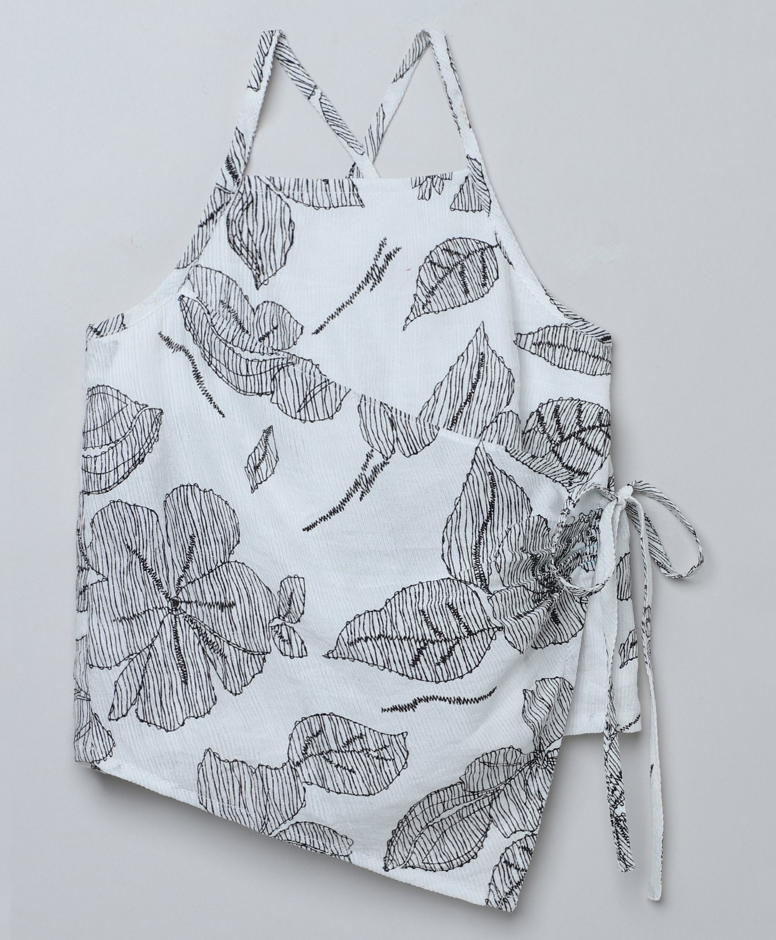 Taffykids Linen Woven Sleeveless Leaves Printed Halter Neck Detailed Side Tie Up Top - White & Black-picture-18