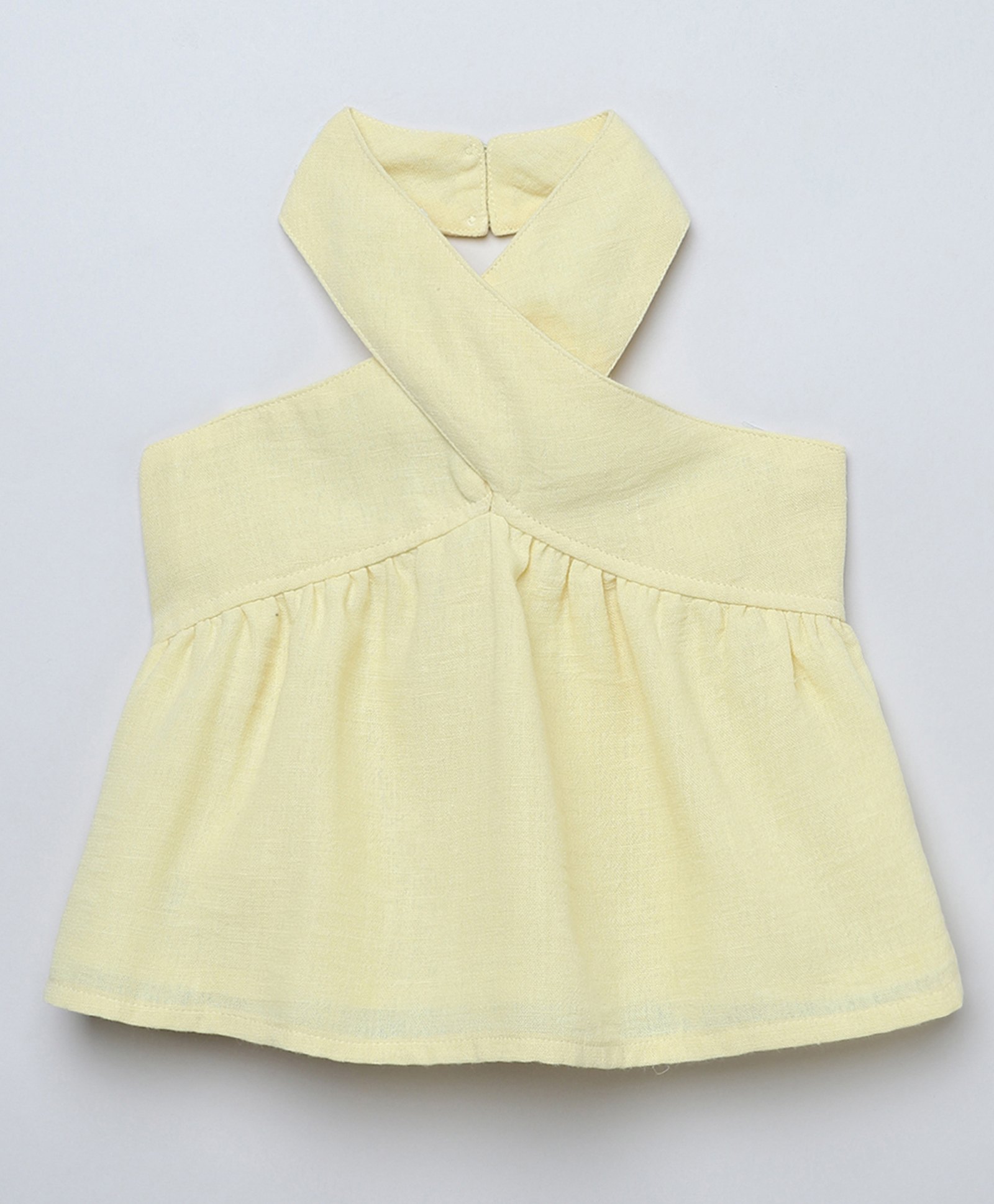 Taffykids Cotton Linen Woven Sleeveless Solid Halter Neck Detailed Peplum Top - Butter Yellow-picture-15