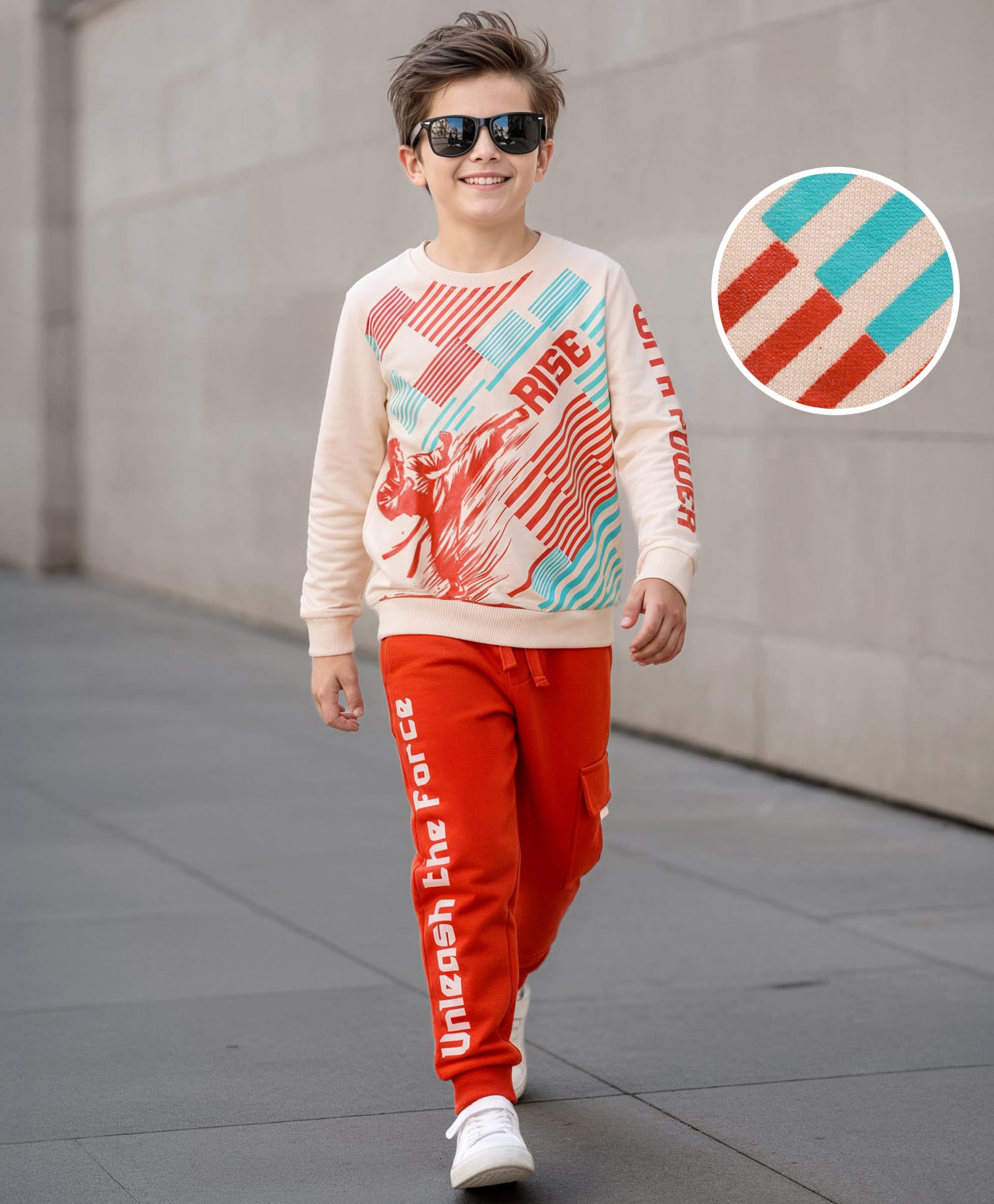 OLLINGTON ST. Cotton Knit Full Sleeves Rise Text Printed Sweatshirt & Joggers Set - Cream & Rust-image-41