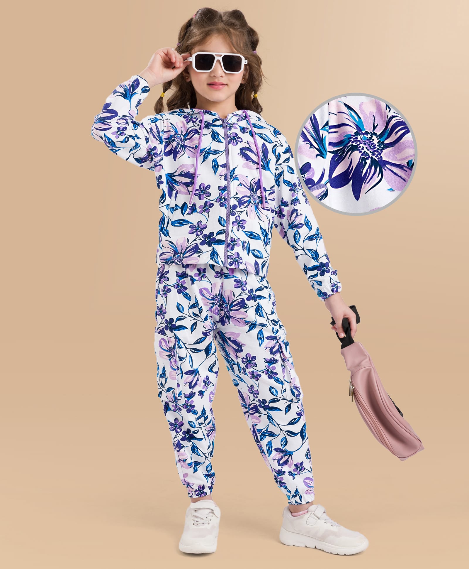 OLLINGTON ST. Cotton Full Sleeves Floral Printed Hoodie Sweatshirts & Joggers Set -Multicolor-image-49