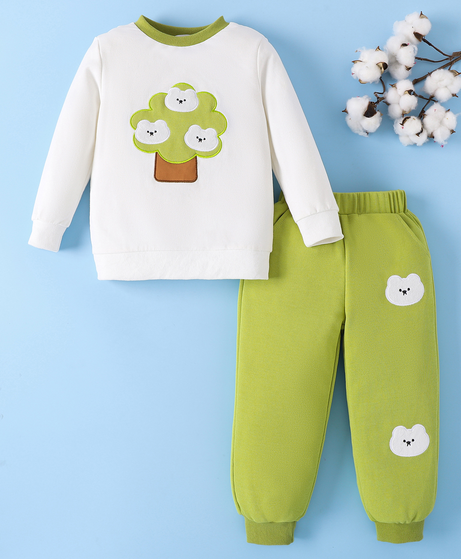 Mark & Mia Full Sleeves Winter Wear T-Shirt & Joggers Set With Teddy Patch Embroidery- Green-image-14