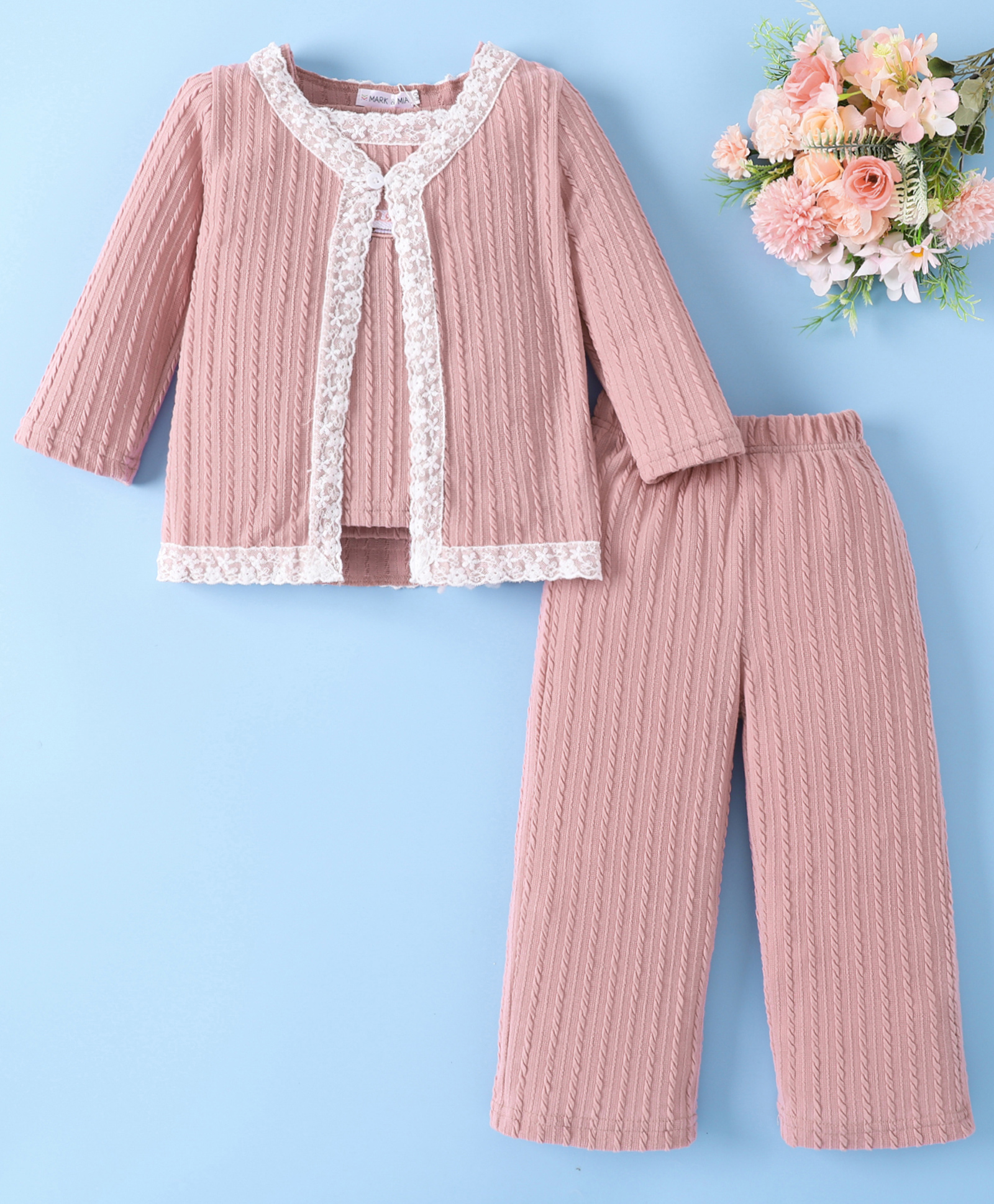 Mark & Mia Full Sleeves Top & Joggers Set With Jacket With Lace Detailing - Pink-image-9