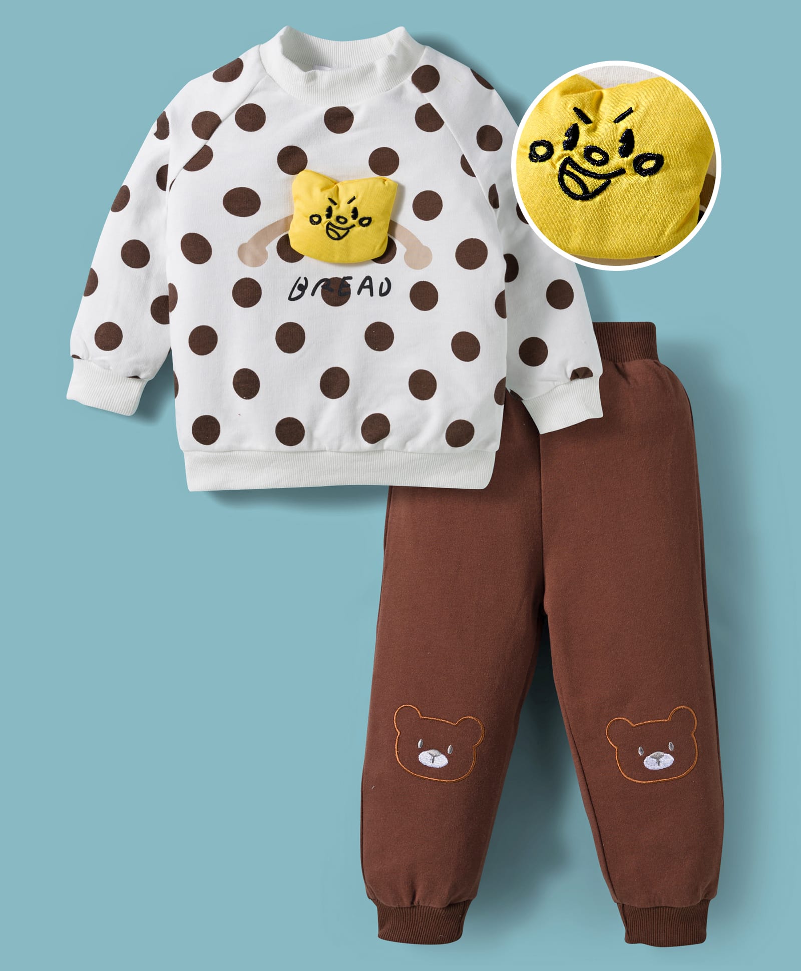 Mark & Mia Full Sleeves Winter Wear T-Shirt & Joggers Set With Polka Dot & Bread Applique - Beige & Brown-image-32
