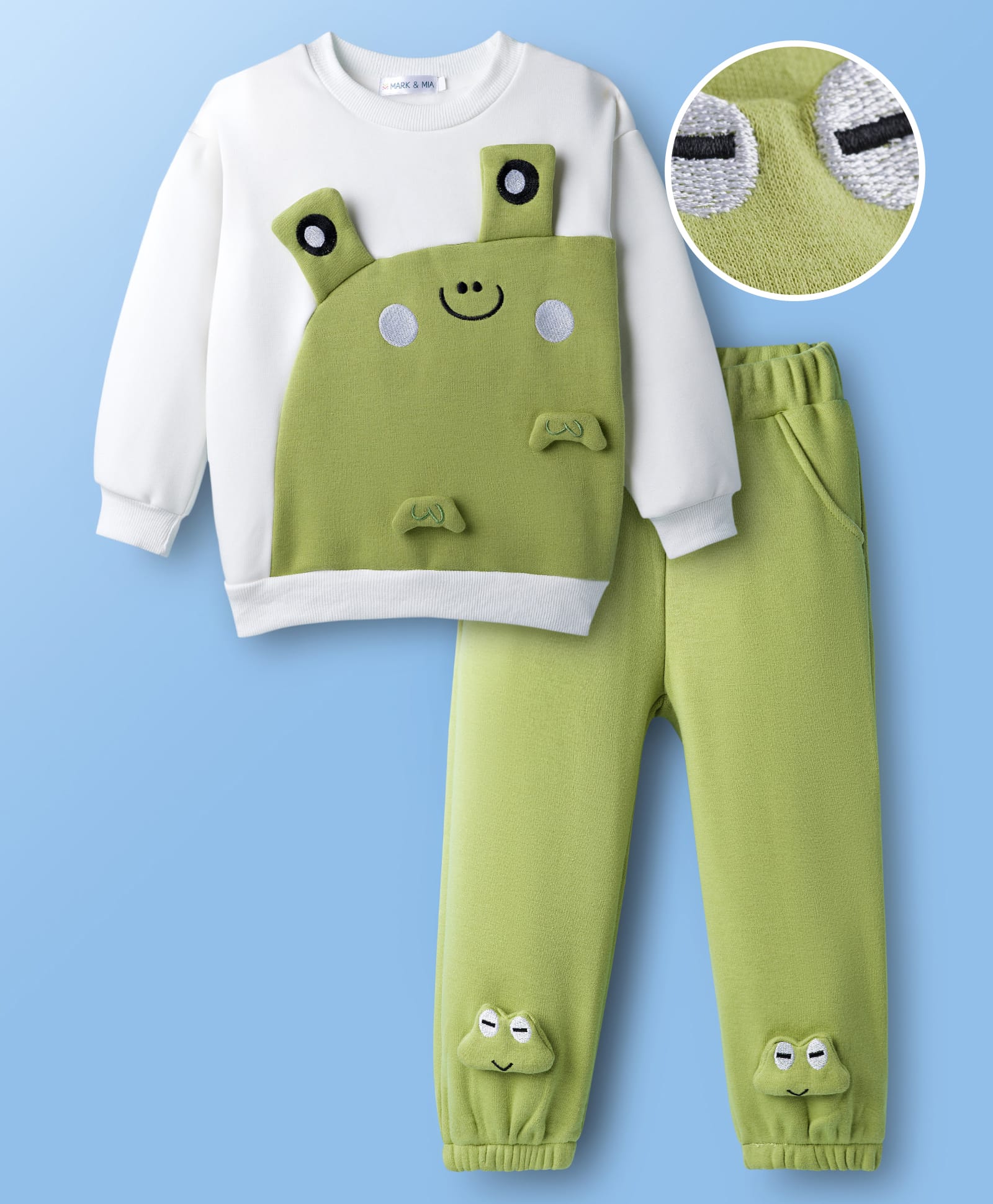 Mark & Mia Full Sleeves Winter Wear T-Shirt & Joggers Set With Frog Applique - Green-image-26