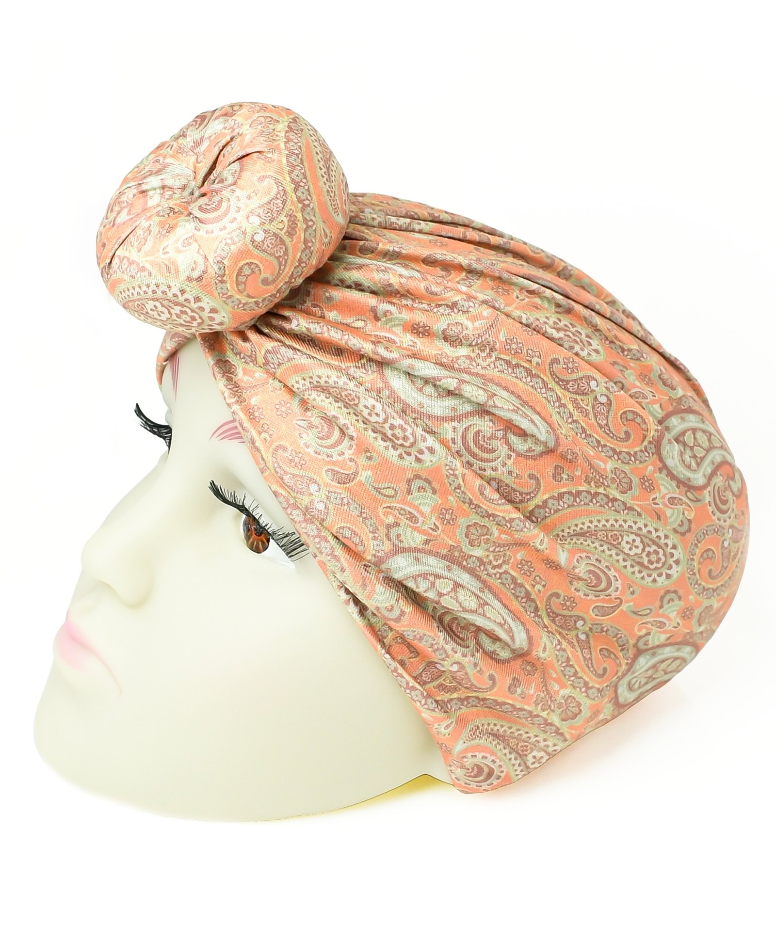 The little lookers Cotton Knot Detailed Paisleys Printed Turban Cap - Peach-image-25