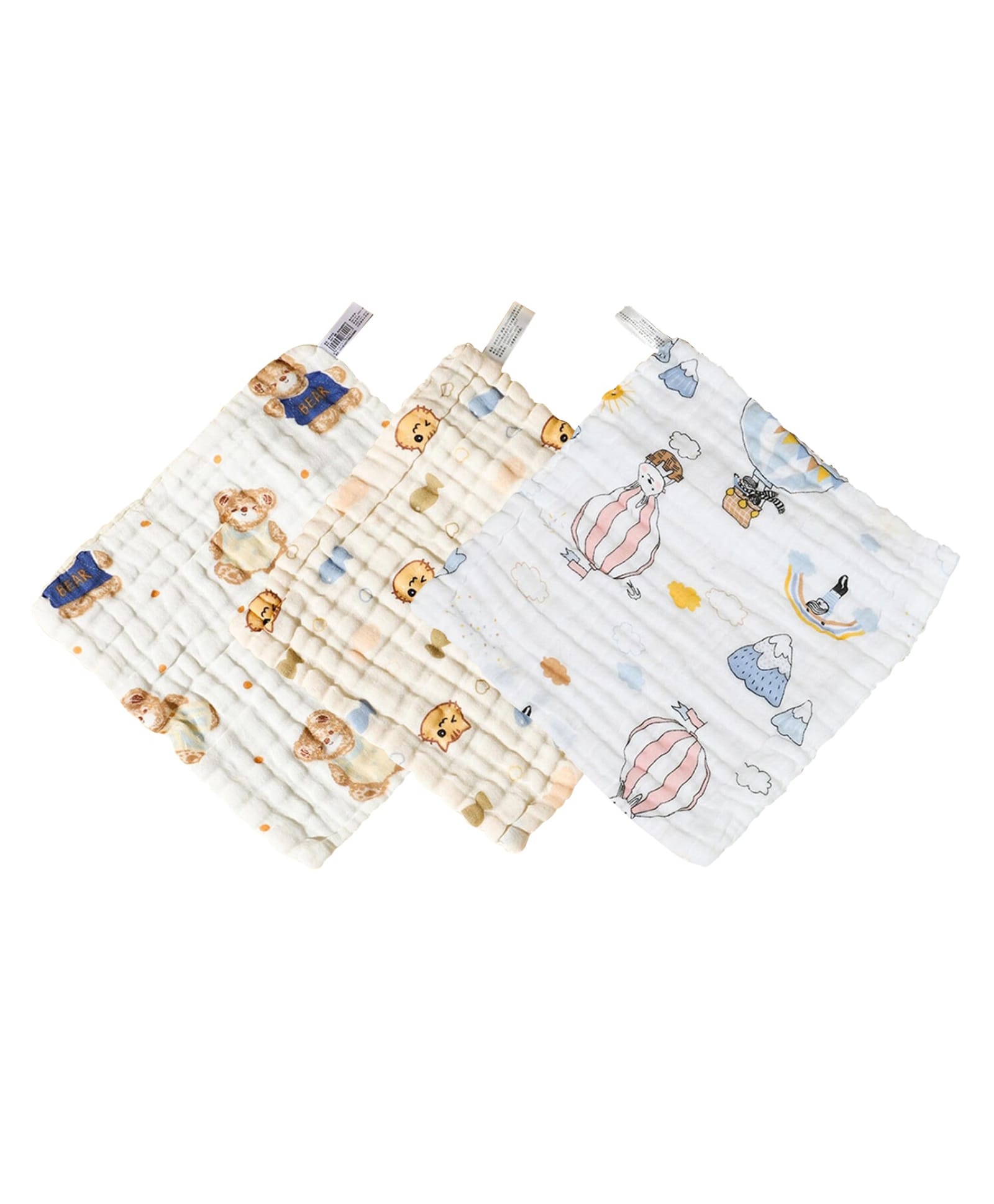 The little lookers Organic Cotton Teddy Bear & Hot Air Balloons Printed Face Towels - Multi Colour-image-9