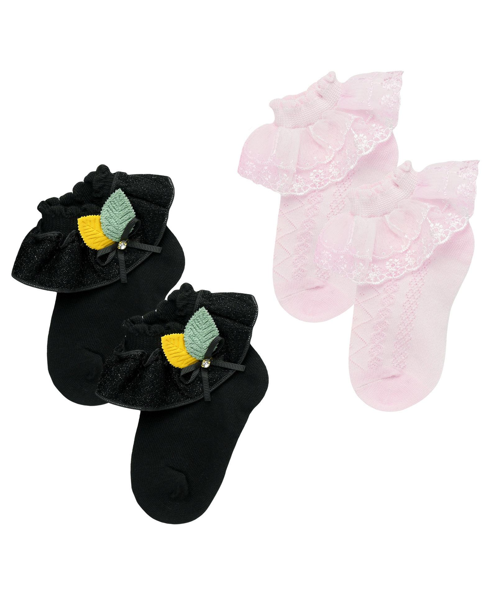 The little lookers Cotton Pack Of 2 Leaves & Bow Applique Detailed Socks - Black & Pink-picture-17