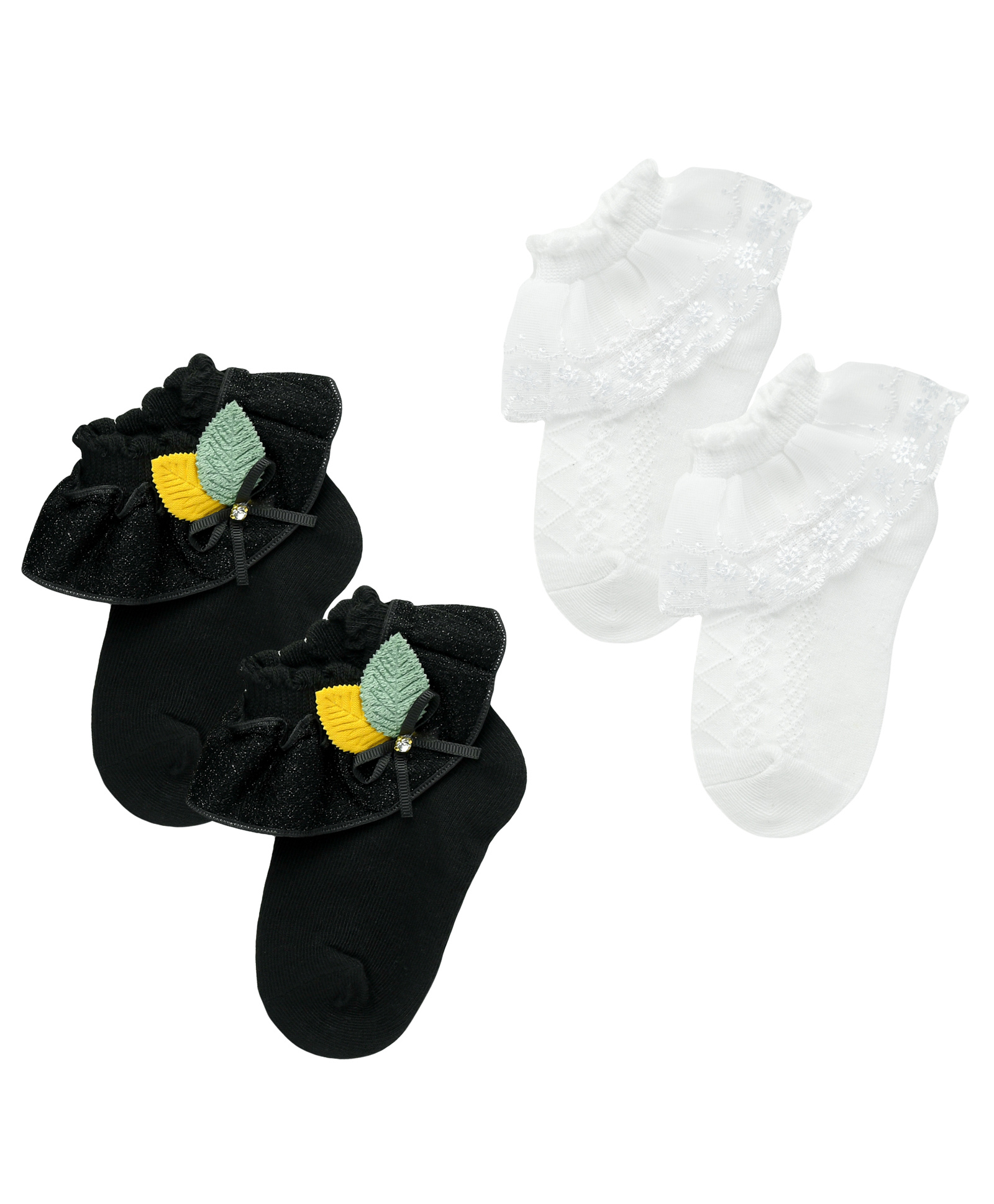 The little lookers Cotton Pack Of 2 Leaves & Bow Applique Detailed Socks - Black & White-picture-18