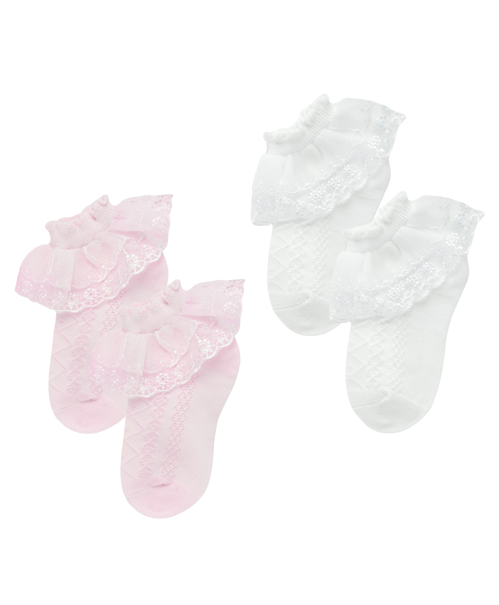 The little lookers Cotton Pack Of 2 Lace Embellished & Chevron Designed Socks - Pink & White