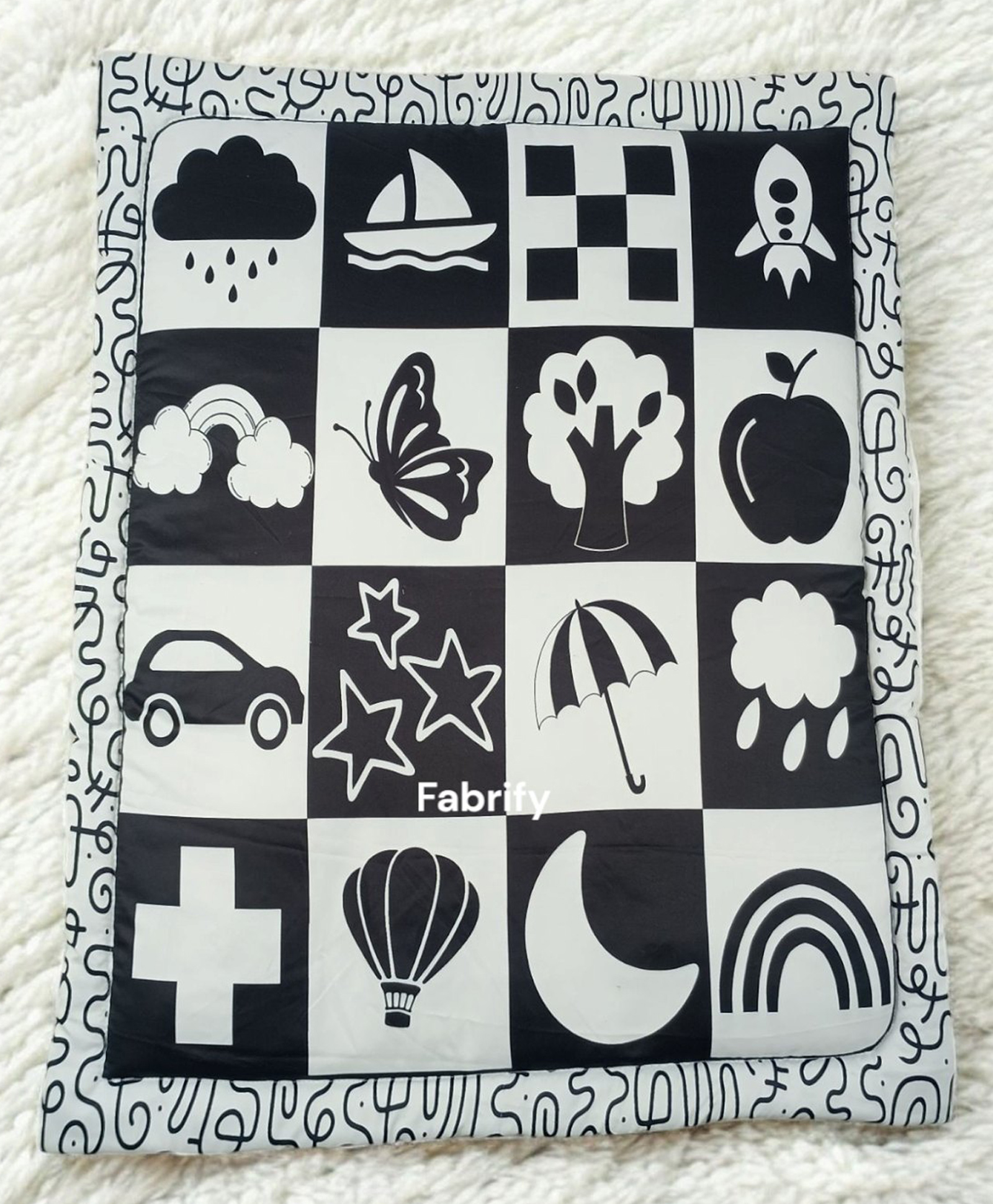 Fabrify Tummy Time Floor Mat, Double High Contrast Play and Pat Activity Mat Black and White, Great Gift for Infants Boys and Girls (Black and White)-image-6