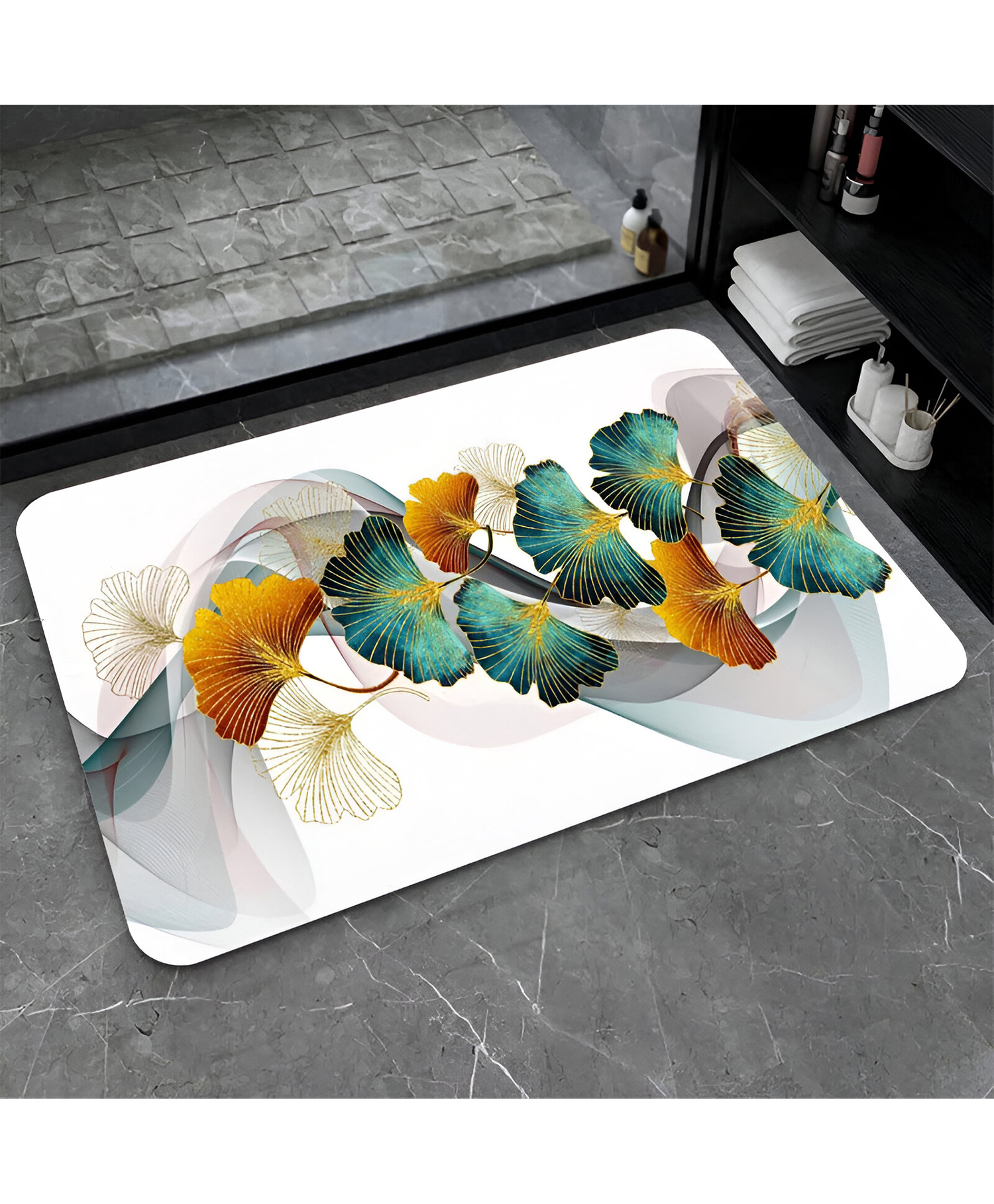 SYGA Non-Slip Golden Green Leaves Marble Print Bathroom & Door Mat - Super Absorbent & Stain-Resistant Floor Mat-image-48